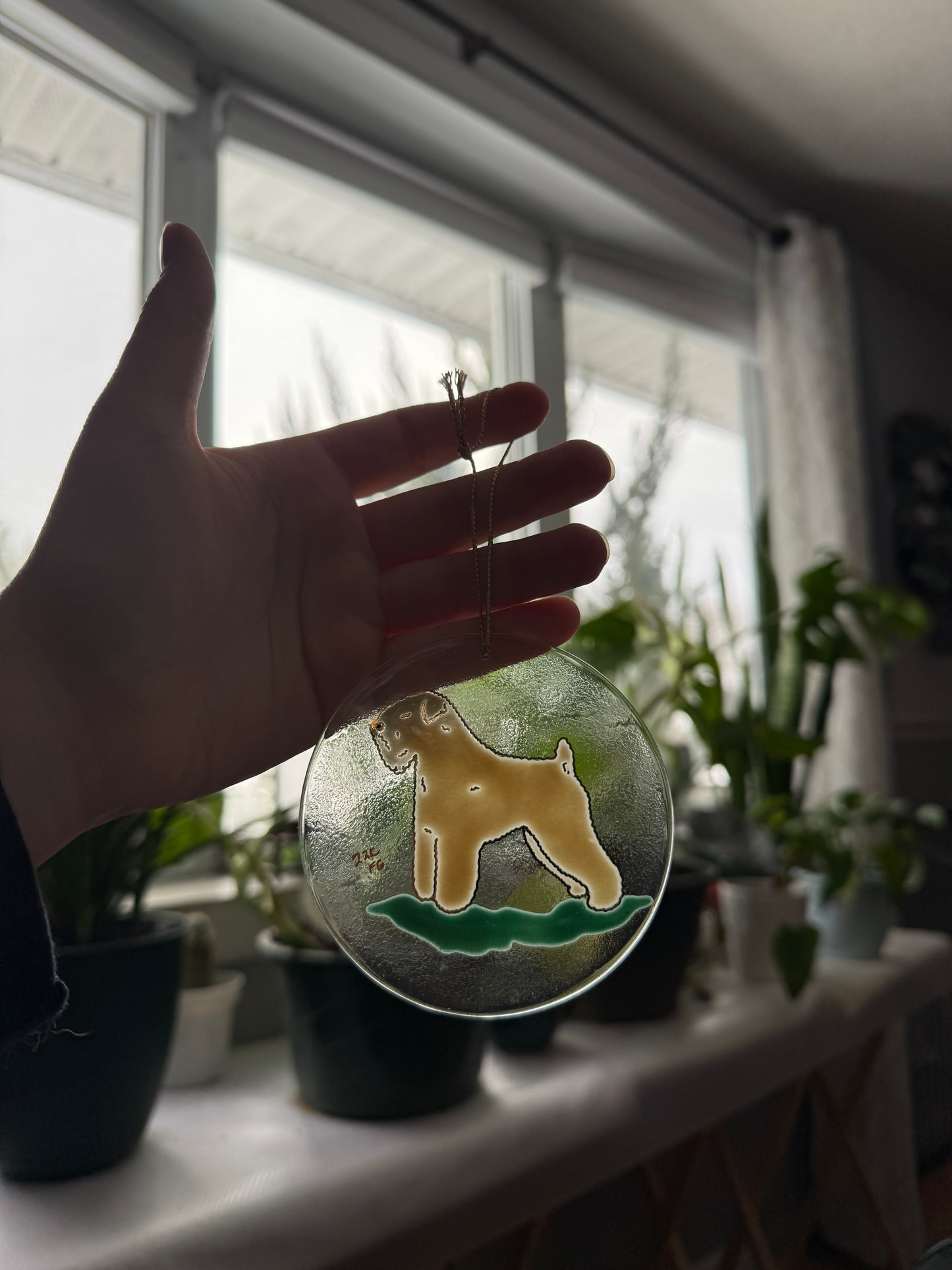 Soft Coated Wheaten Terrier Dog Sun Catcher Ornament Hand Painted with 22k Gold