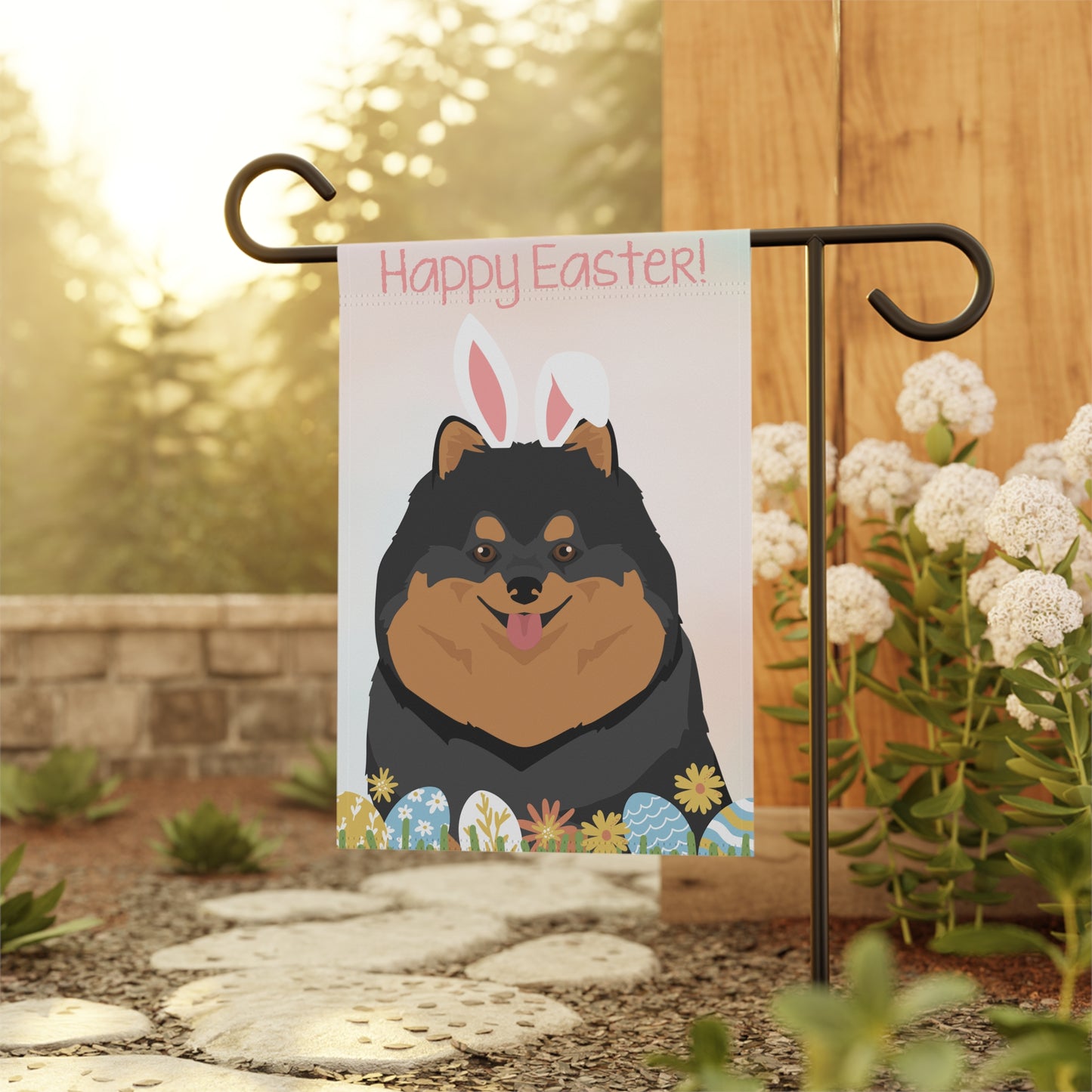 Pomeranian Dog Happy Easter Garden Flag
