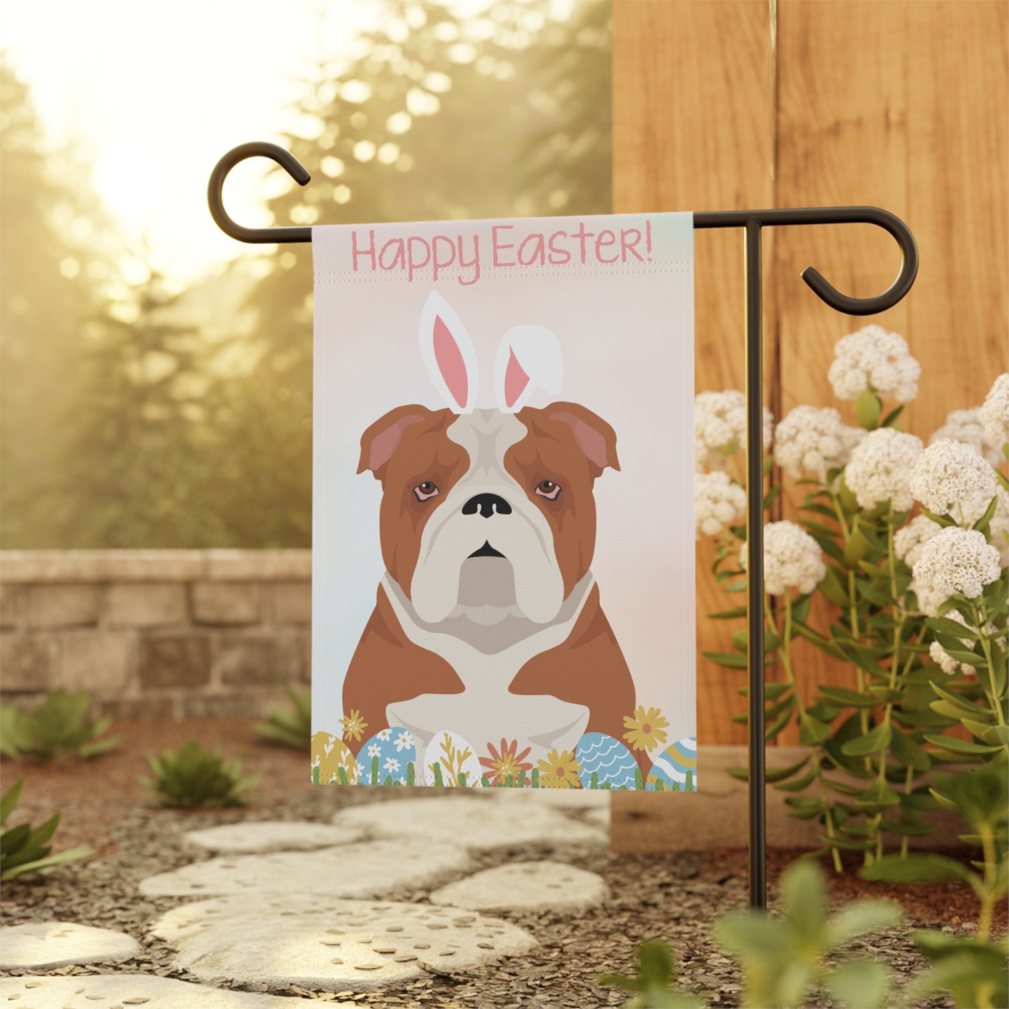 Bulldog Dog Happy Easter Garden Flag