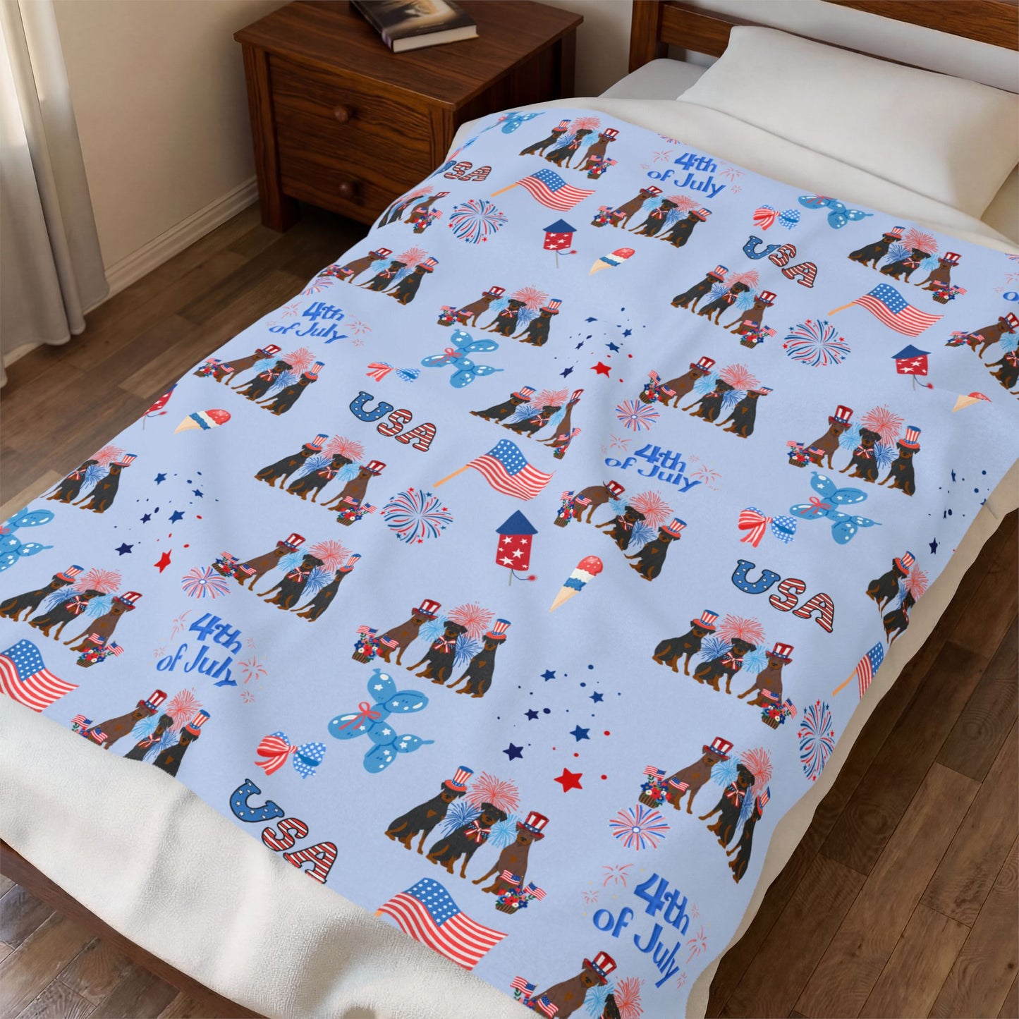 Doberman Pinscher Dog 4th of July Velveteen Plush Blanket. Holiday Blanket. USA