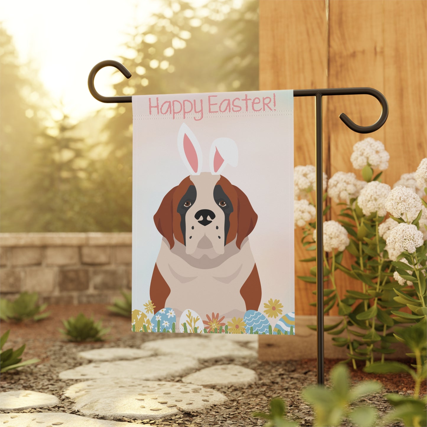 St Bernard Dog Happy Easter Garden Flag