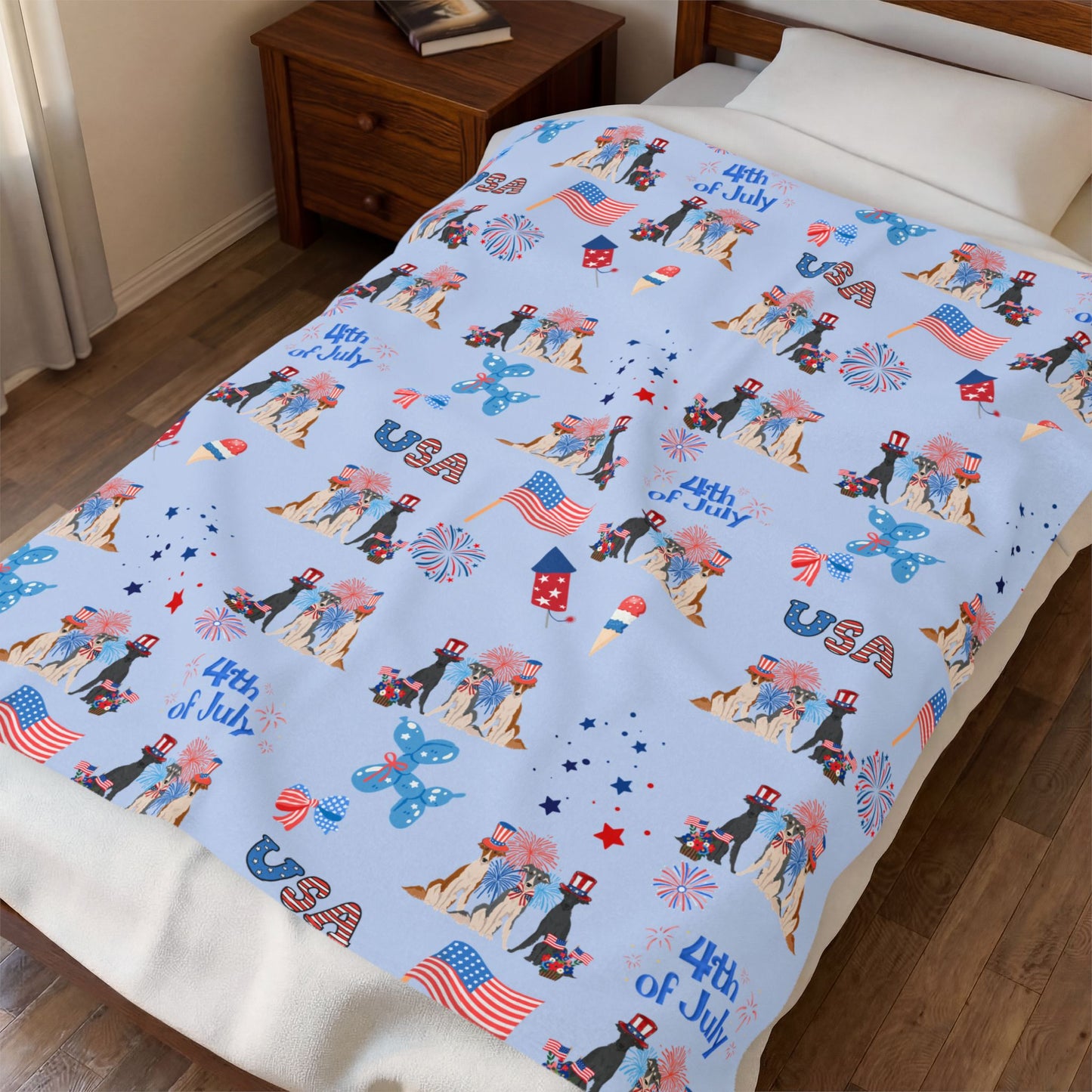 Silken Windhound Dog 4th of July Velveteen Plush Blanket. Holiday Blanket. USA