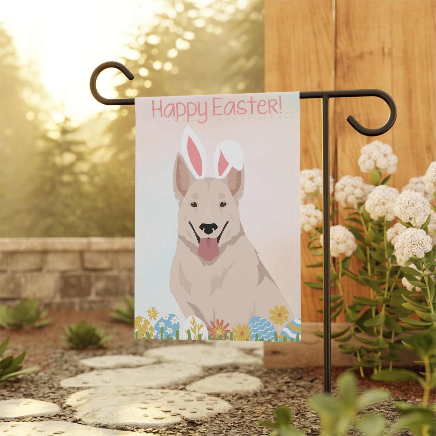 White Swiss Shepherd Dog Happy Easter Garden Flag