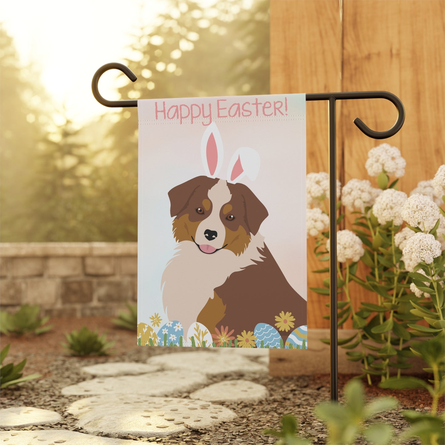 Mini American Shepherd Dog Happy Easter Garden Flag