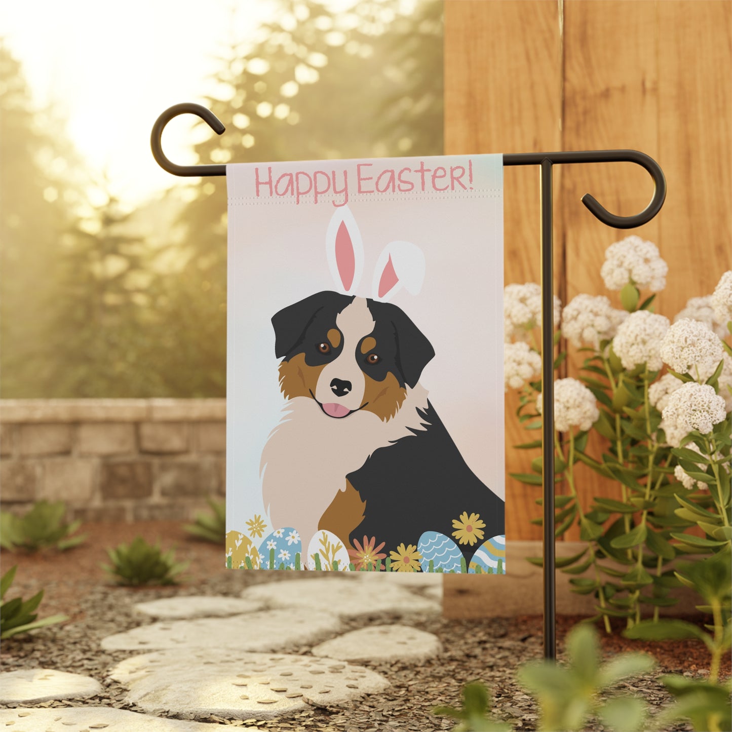 Mini American Shepherd Dog Happy Easter Garden Flag