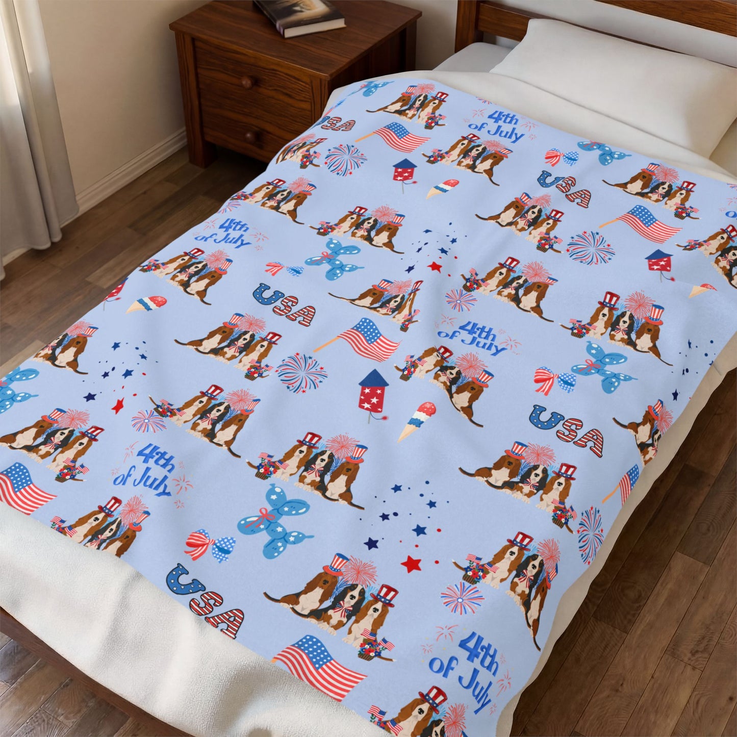 Basset Hound Dog 4th of July Velveteen Plush Blanket. Holiday Blanket. USA