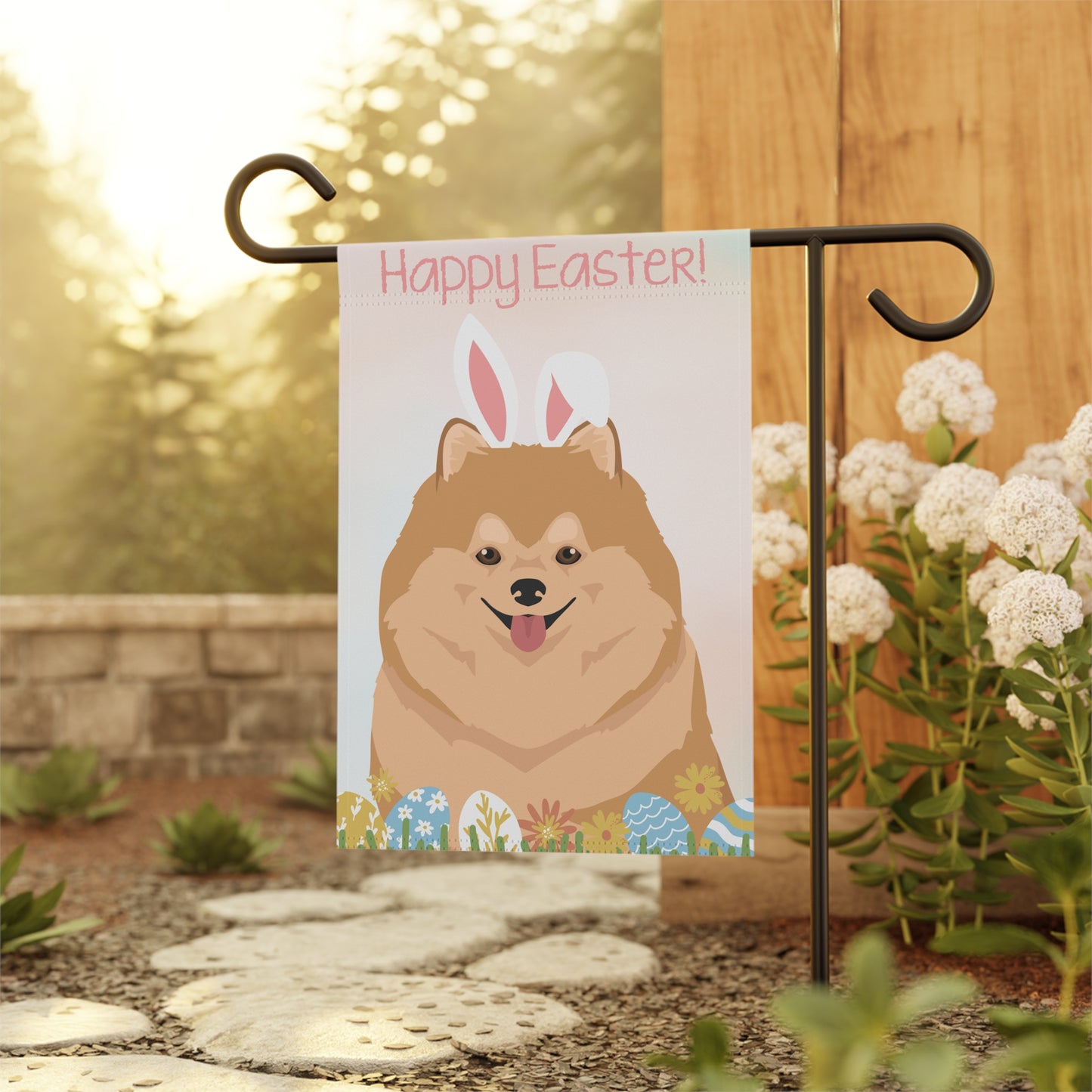 Pomeranian Dog Happy Easter Garden Flag