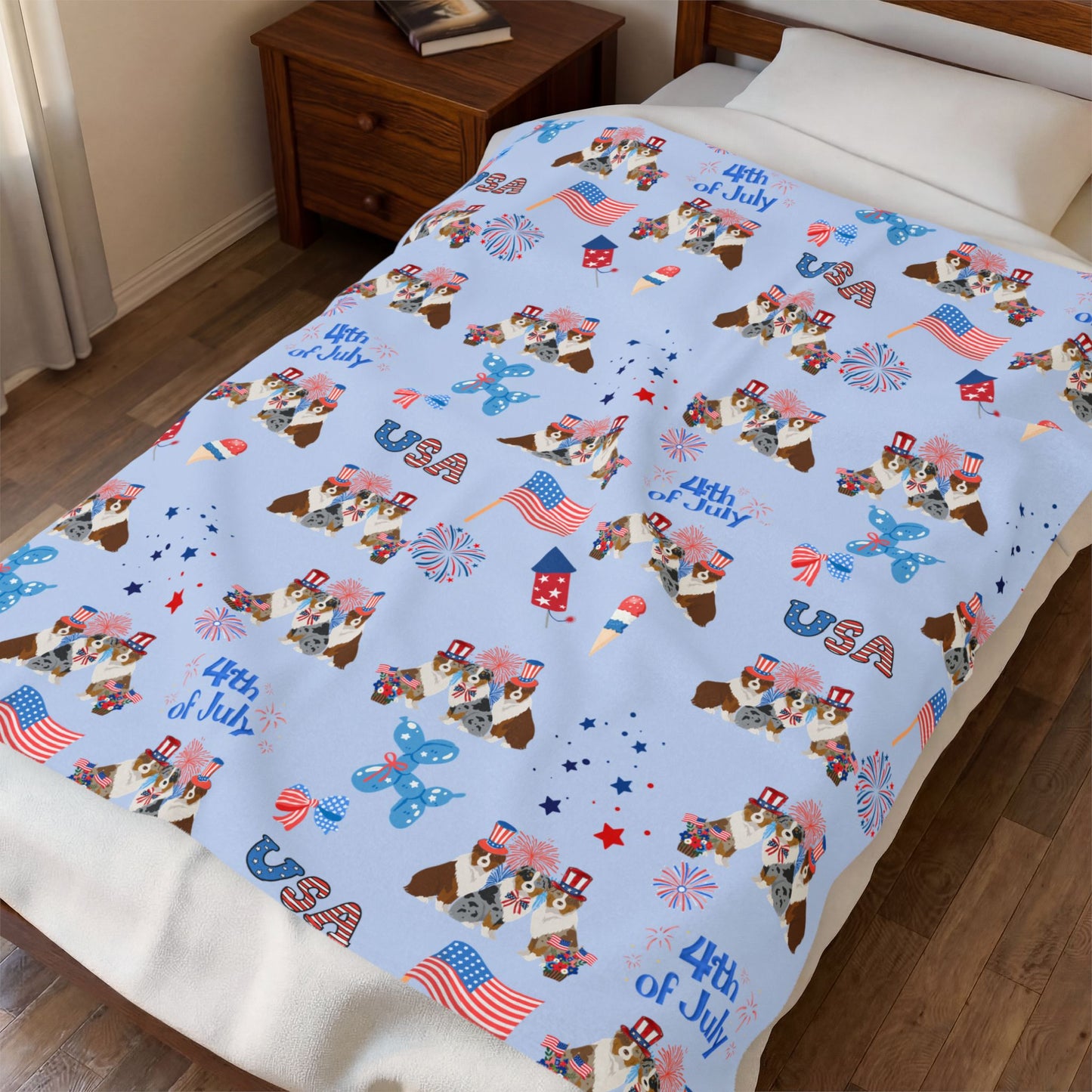 Australian Shepherd Dog 4th of July Velveteen Plush Blanket. Holiday Blanket. USA