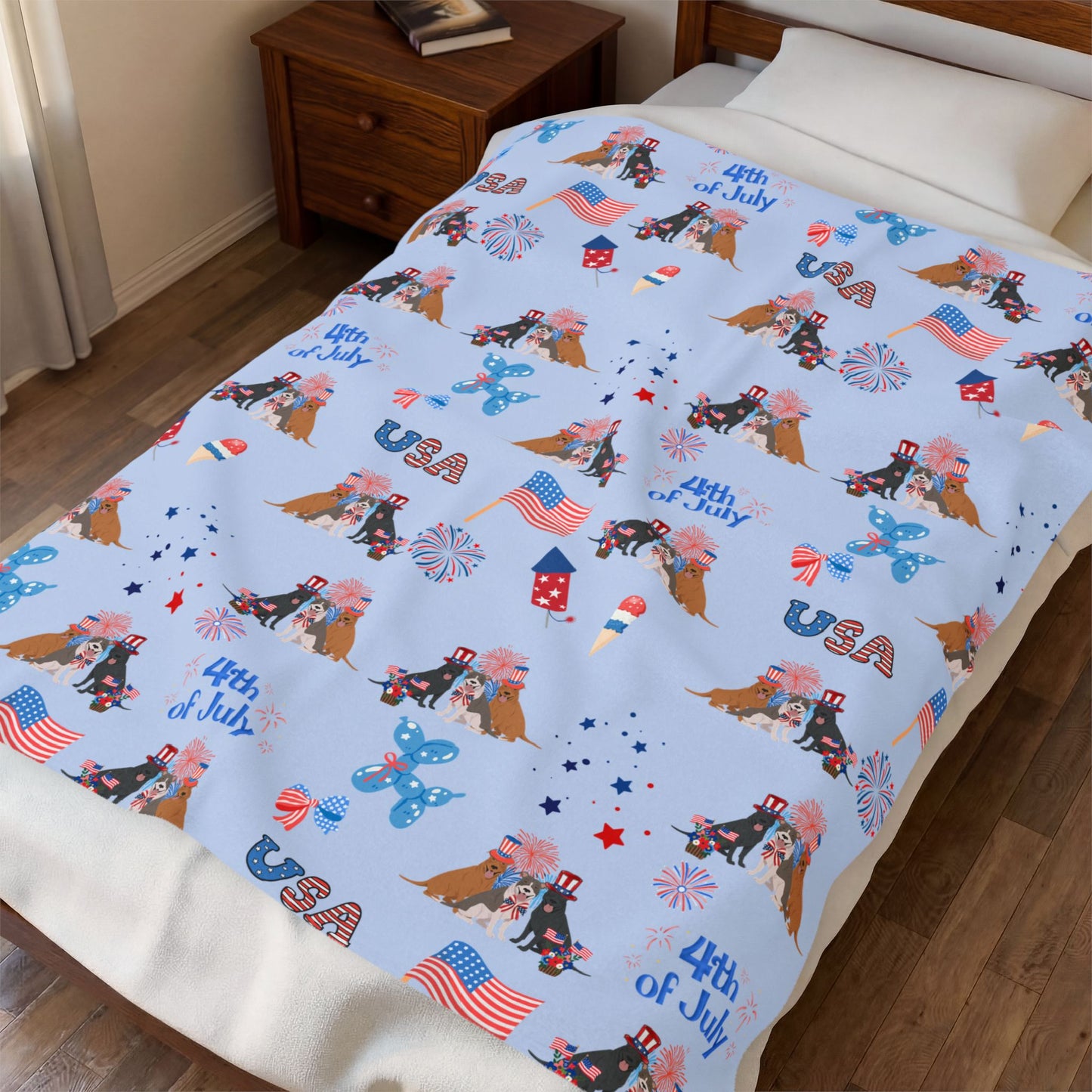 American Pit Bull Terrier Dog 4th of July Velveteen Plush Blanket. Holiday Blanket. USA