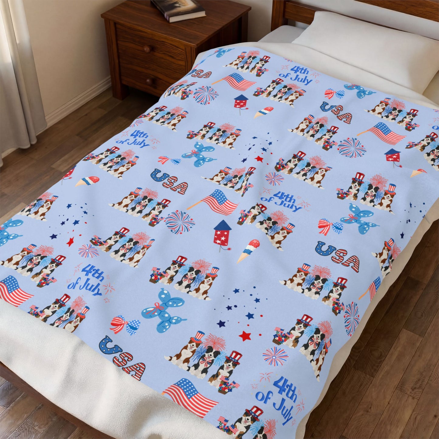 Border Collie Dog 4th of July Velveteen Plush Blanket. Holiday Blanket. USA