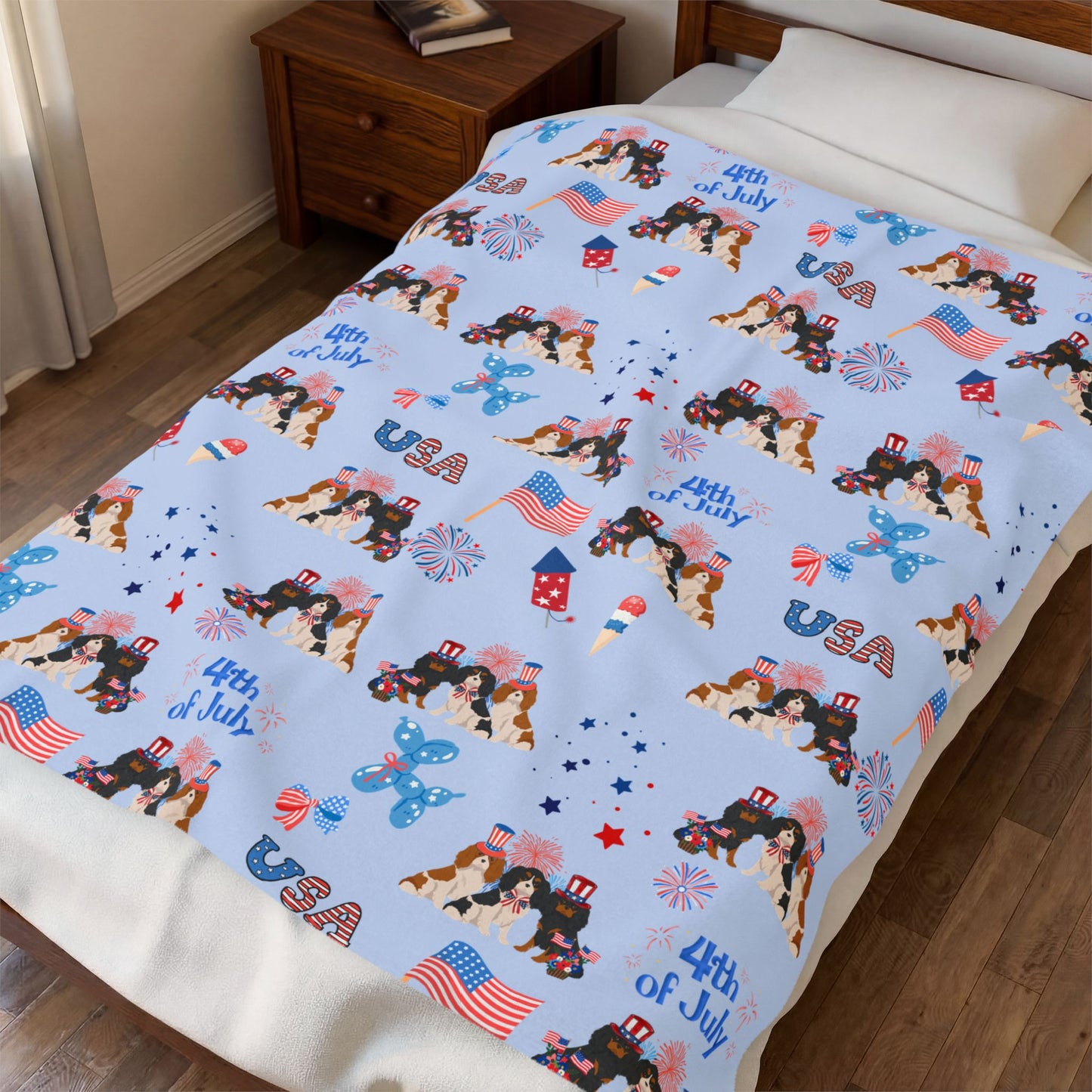 Cavalier King Charles Spaniel Dog 4th of July Velveteen Plush Blanket. Holiday Blanket. USA