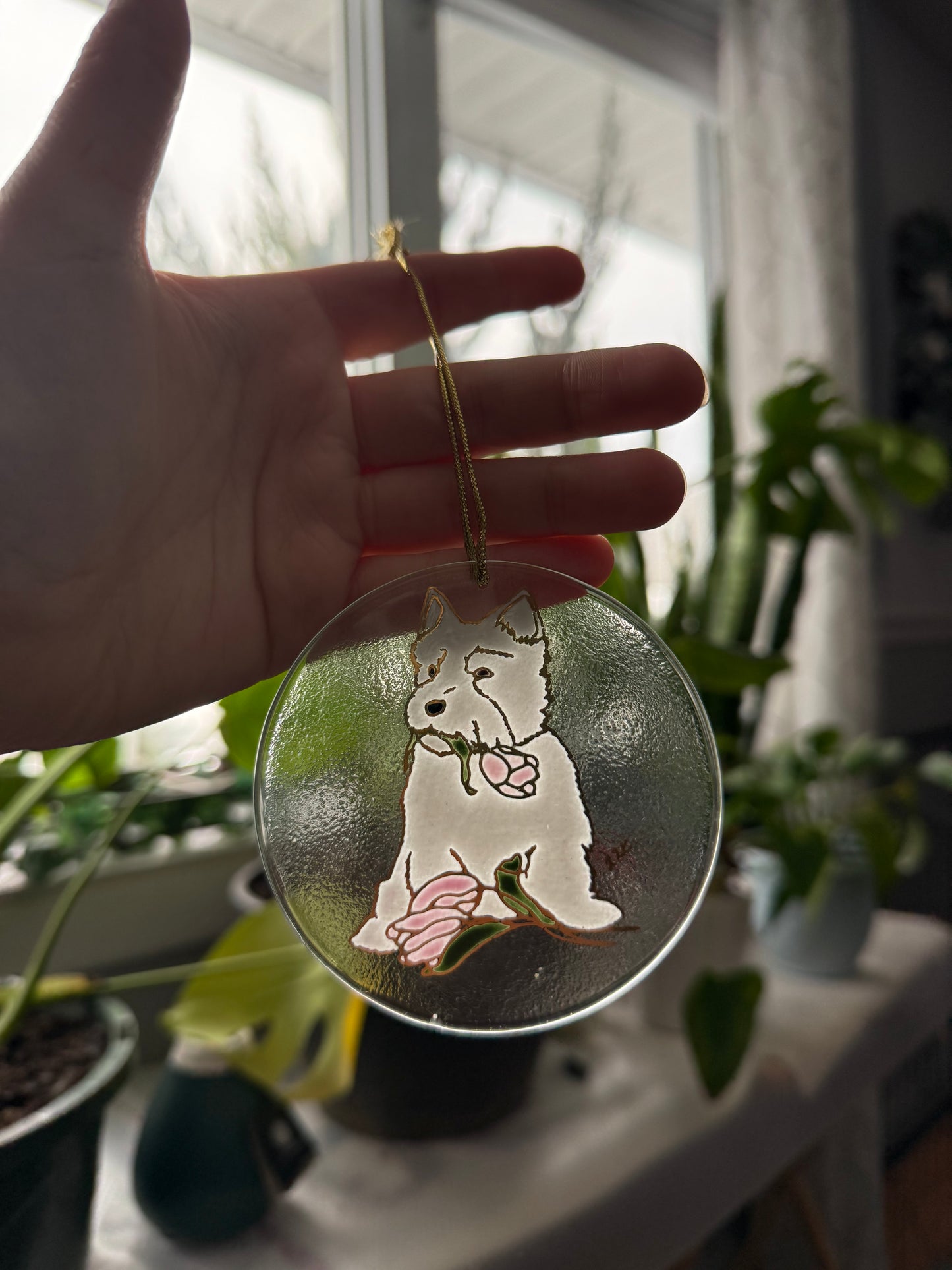 West Highland White Terrier Dog Sun Catcher Ornament Hand Painted with 22k Gold