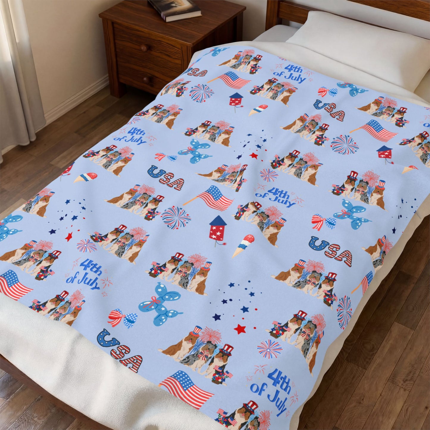Collie Dog 4th of July Velveteen Plush Blanket. Holiday Blanket. USA