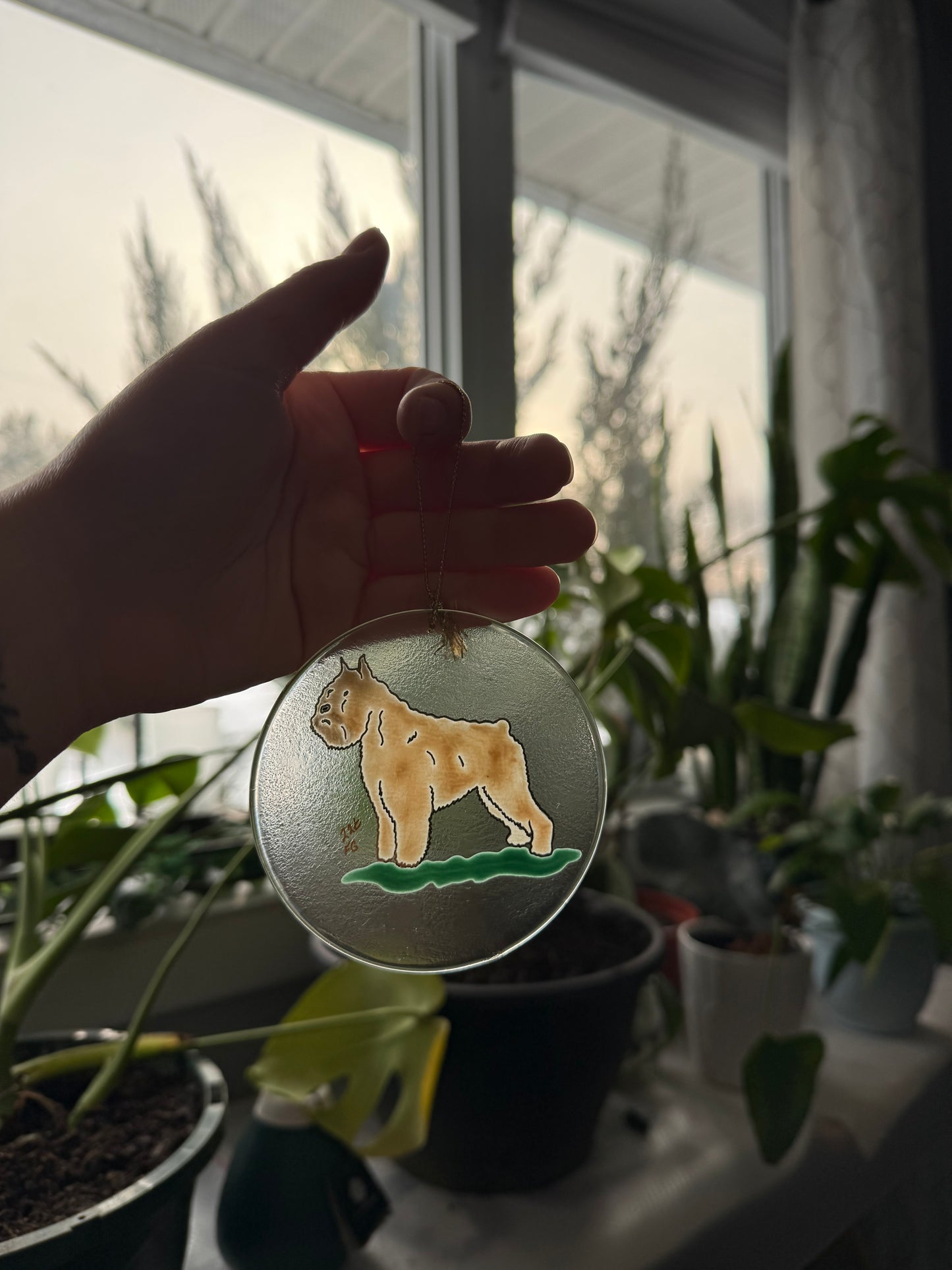 Bouvier des Flandres Dog Sun Catcher Ornament Hand Painted with 22k Gold