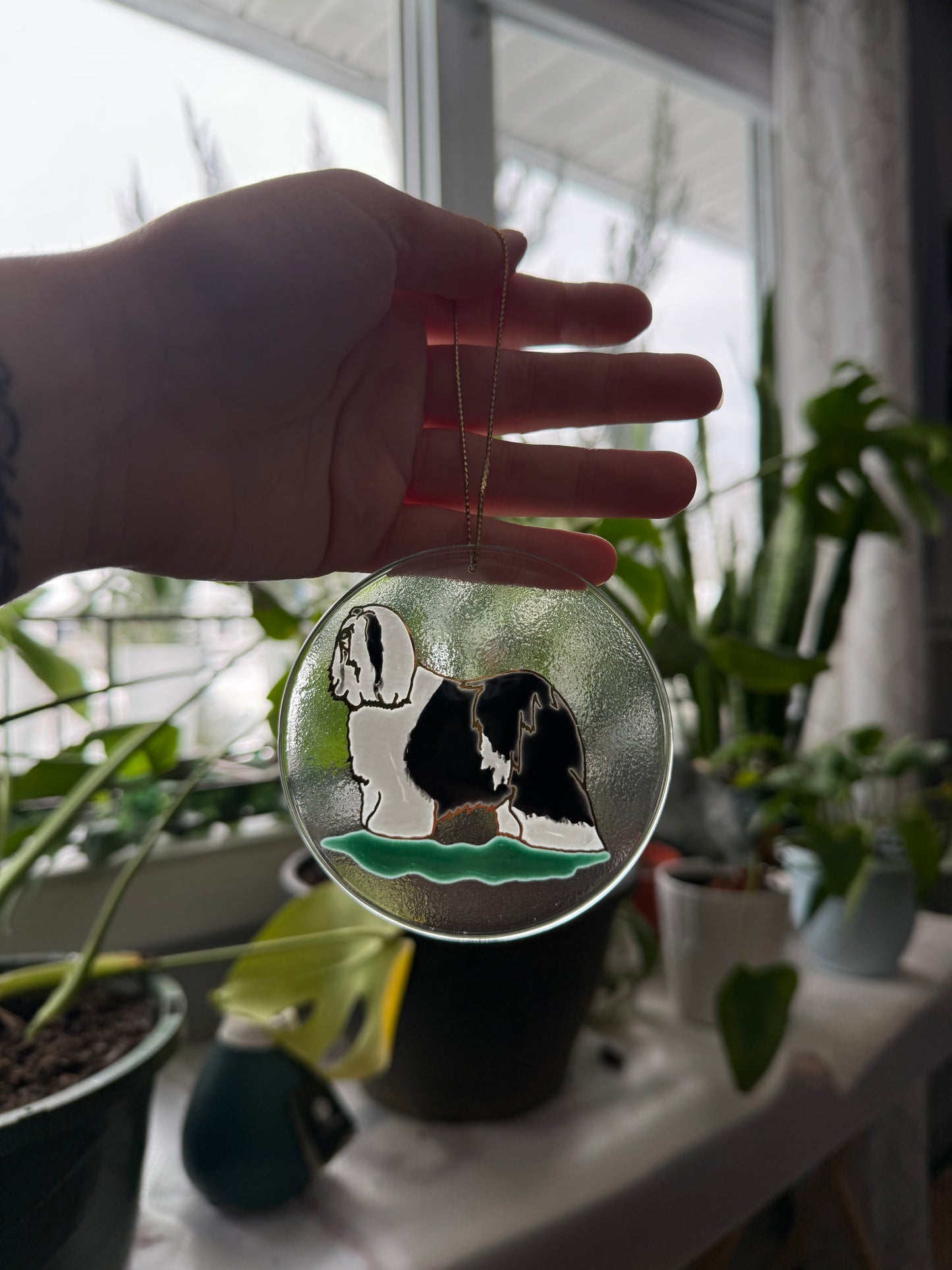 Tibetan Terrier Dog Sun Catcher Ornament Hand Painted with 22k Gold