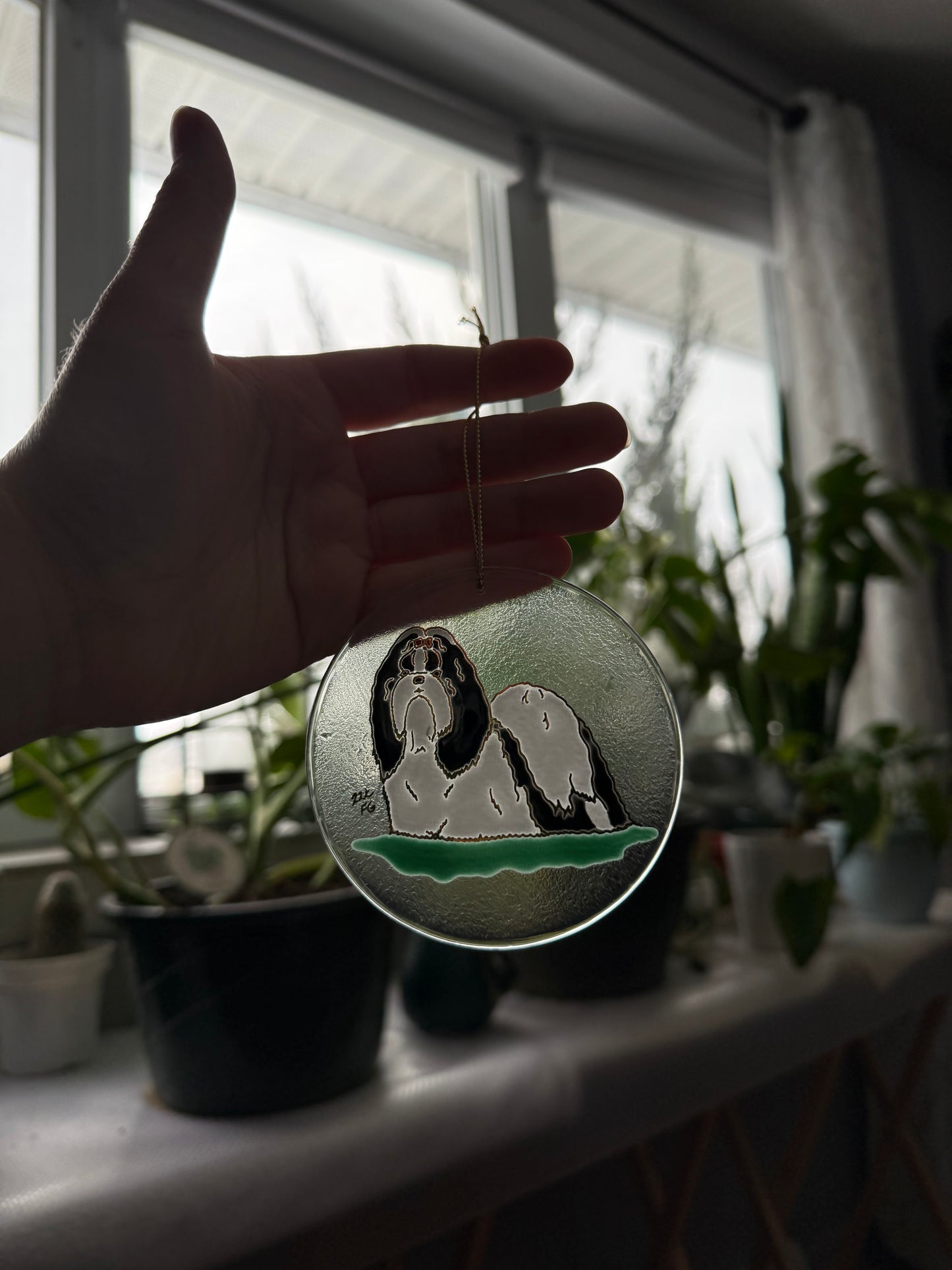 Shih Tzu Dog Sun Catcher Ornament Hand Painted with 22k Gold