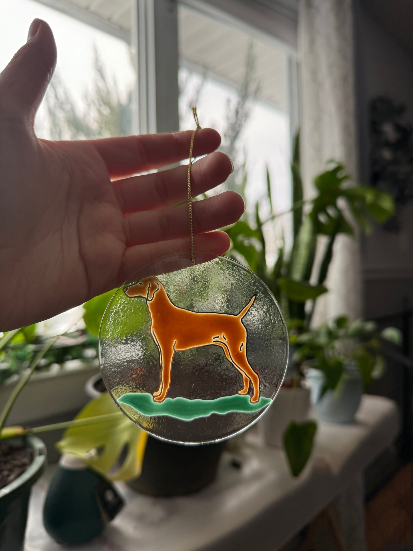 Vizsla Dog Sun Catcher Ornament Hand Painted with 22k Gold