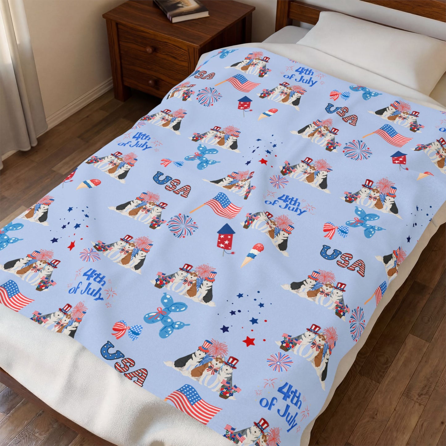Siberian Husky Dog 4th of July Velveteen Plush Blanket. Holiday Blanket. USA