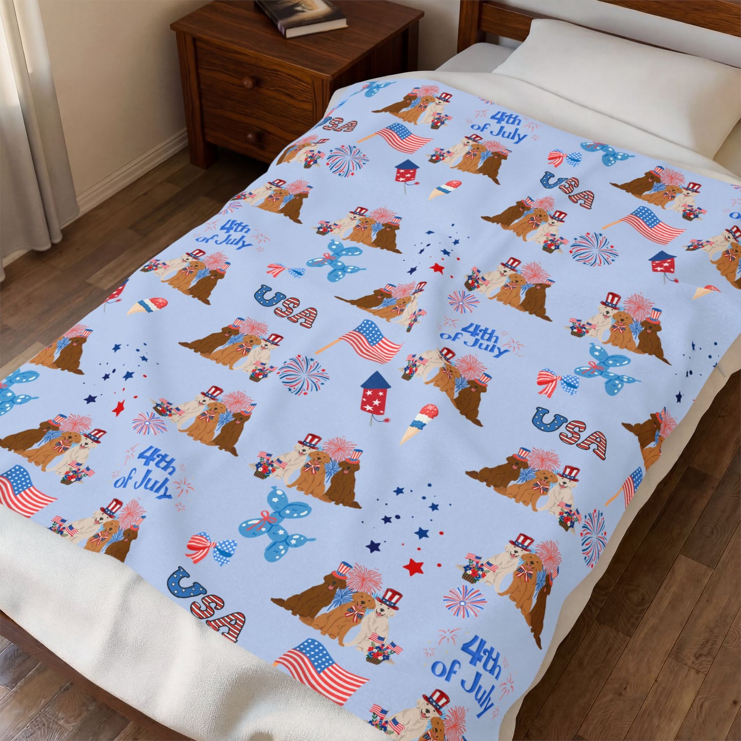 Golden Retriever Dog 4th of July Velveteen Plush Blanket. Holiday Blanket. USA