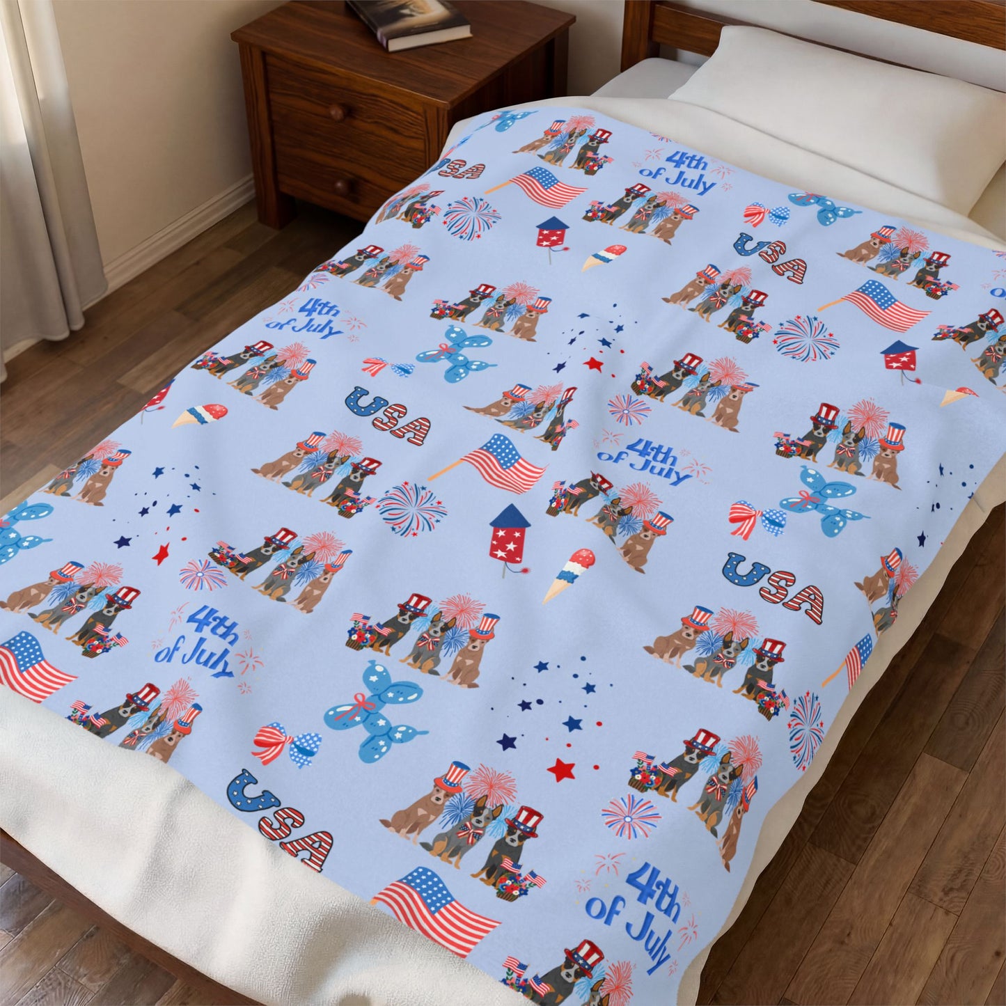 Australian Cattle Dog 4th of July Velveteen Plush Blanket. Holiday Blanket. USA