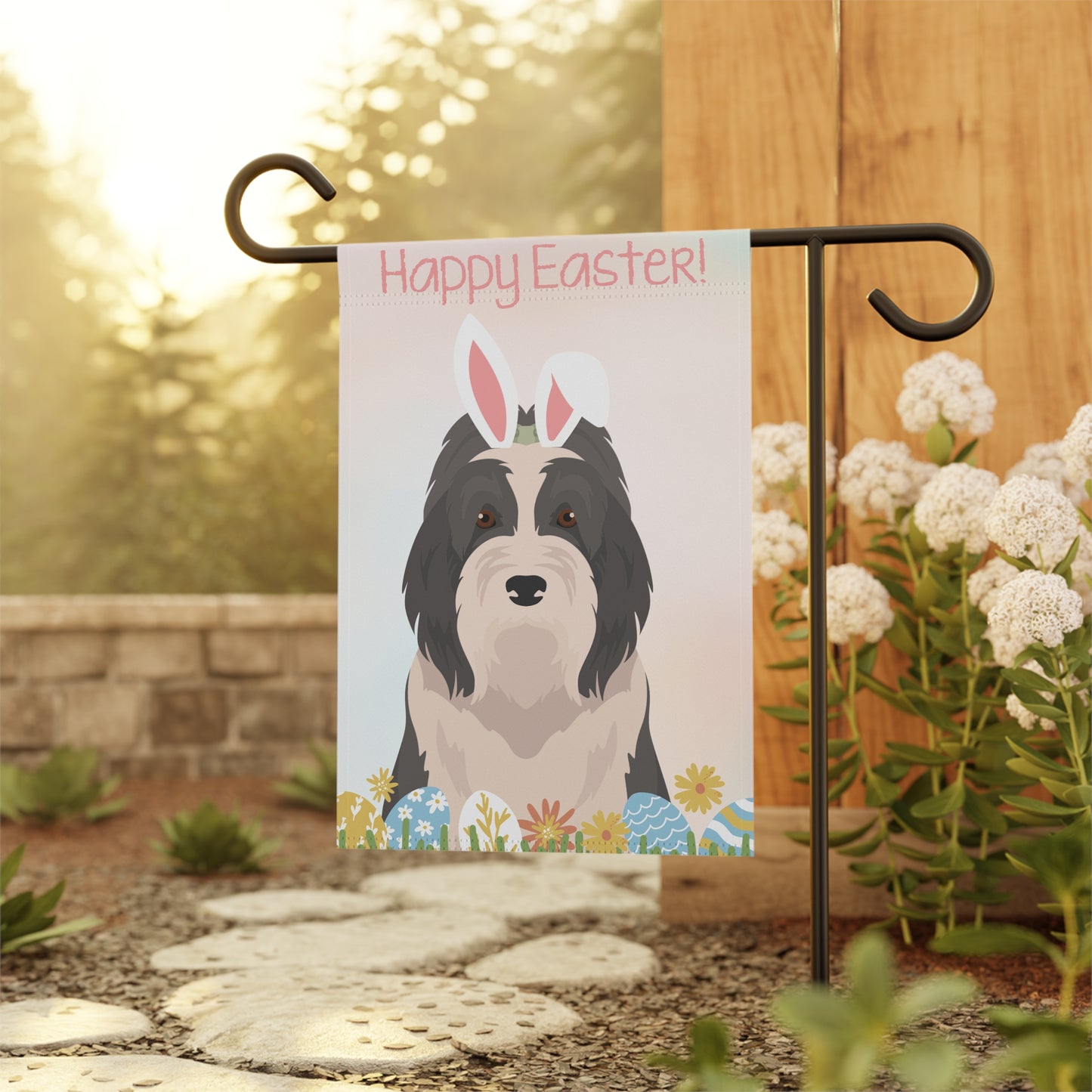 Bearded Collie Dog Happy Easter Garden Flag