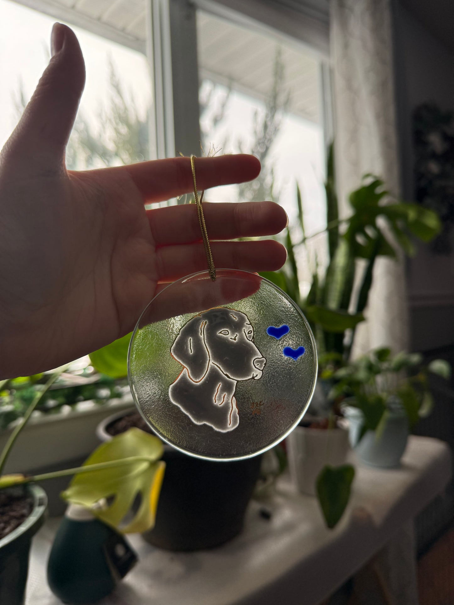 Weimaraner Dog Sun Catcher Ornament Hand Painted with 22k Gold