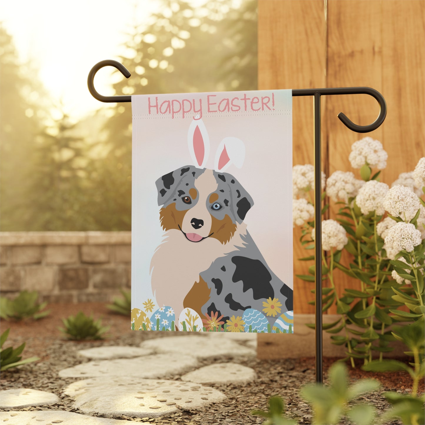 Mini American Shepherd Dog Happy Easter Garden Flag