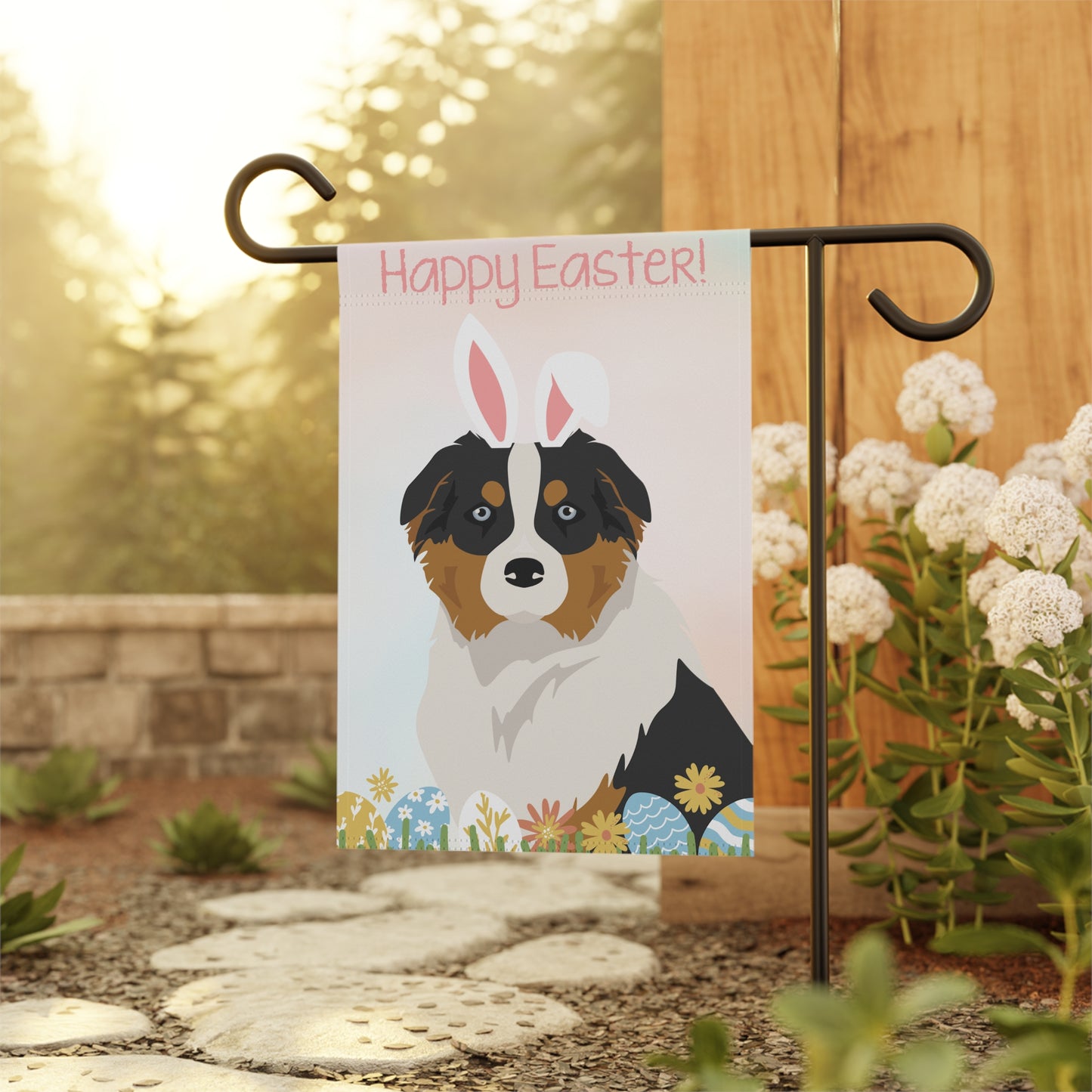 Australian Shepherd Dog Happy Easter Garden Flag
