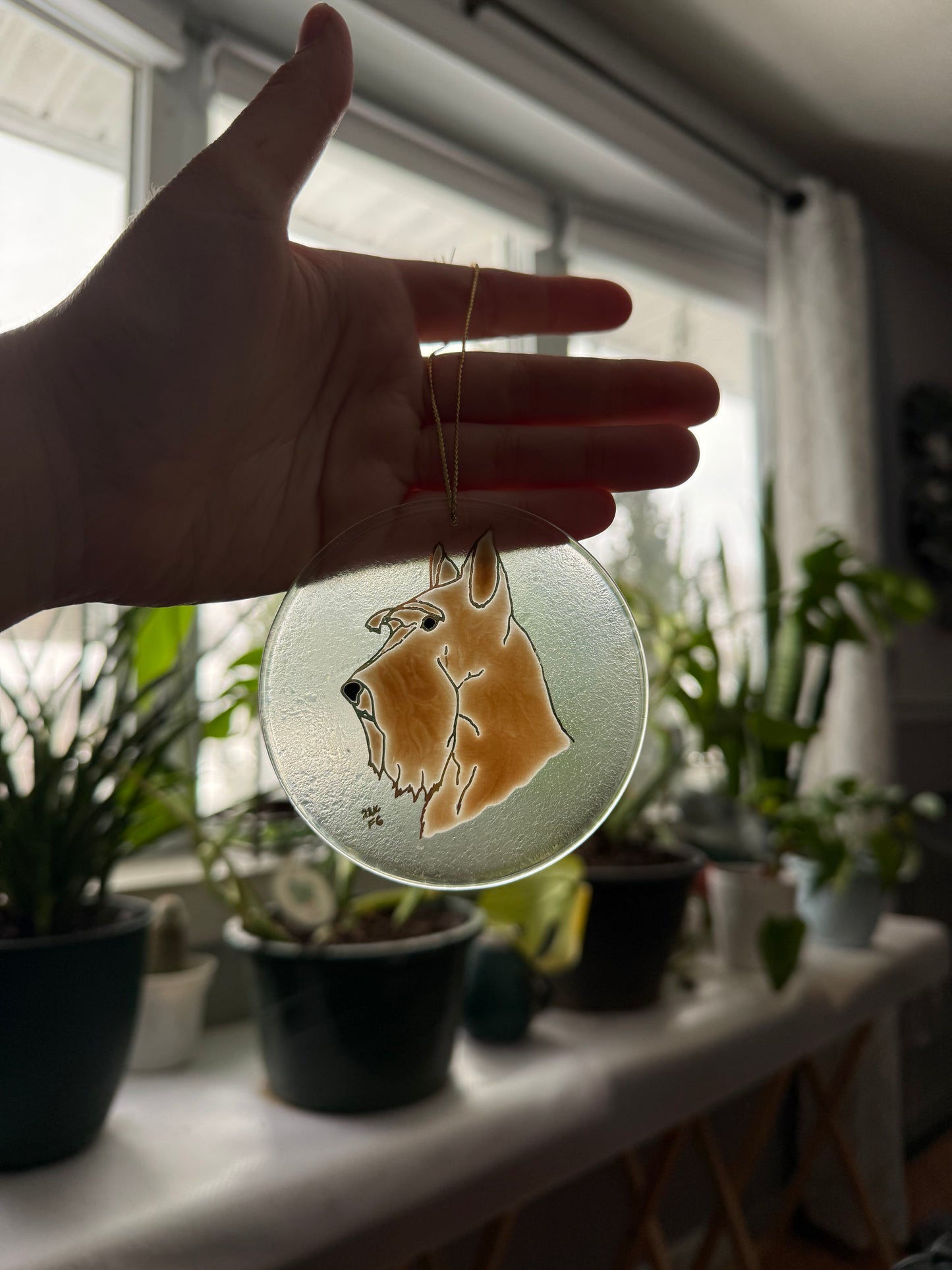 Scottish Terrier Dog Sun Catcher Ornament Hand Painted with 22k Gold