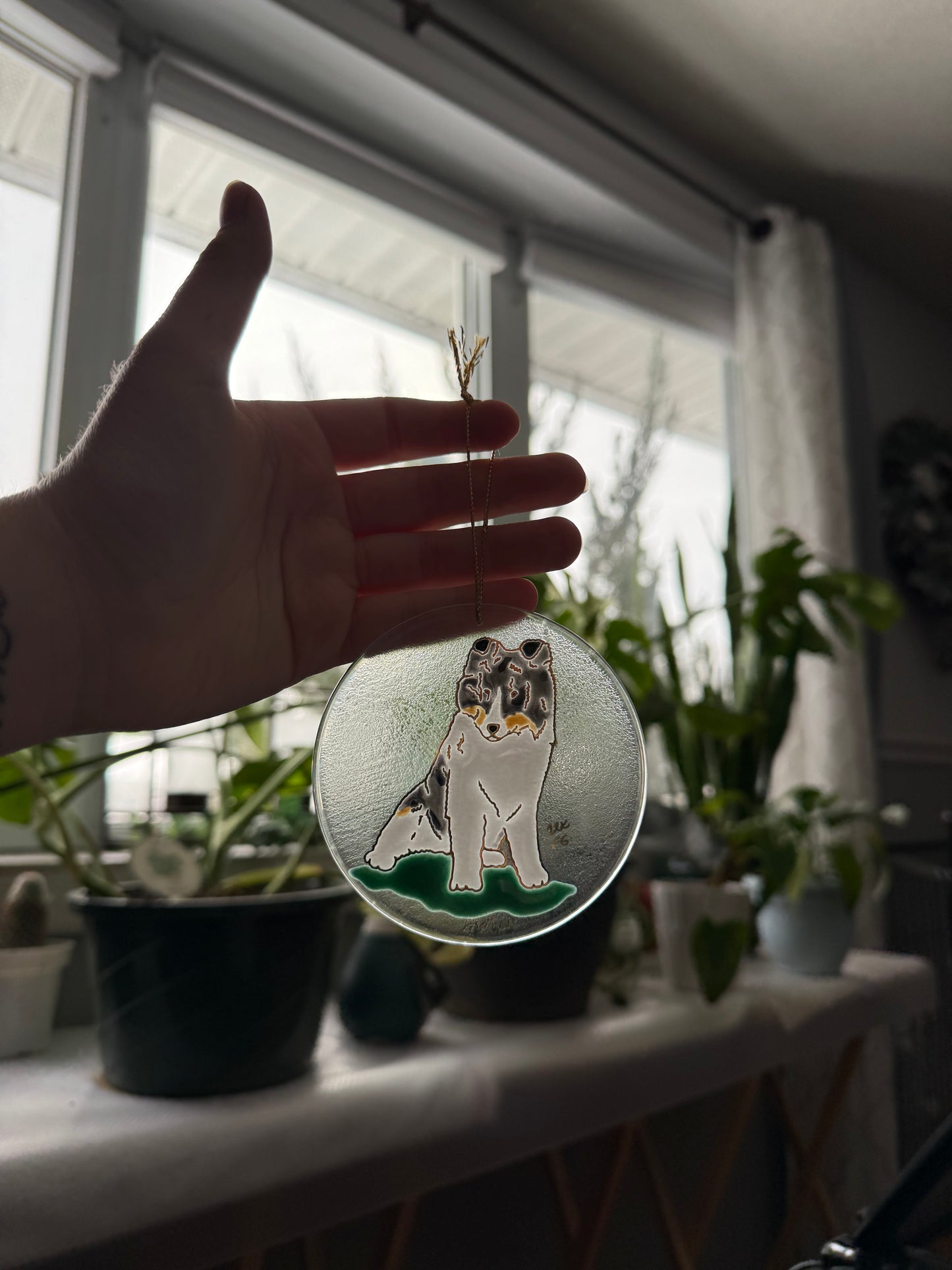 Shetland Sheepdog Dog Sun Catcher Ornament Hand Painted with 22k Gold