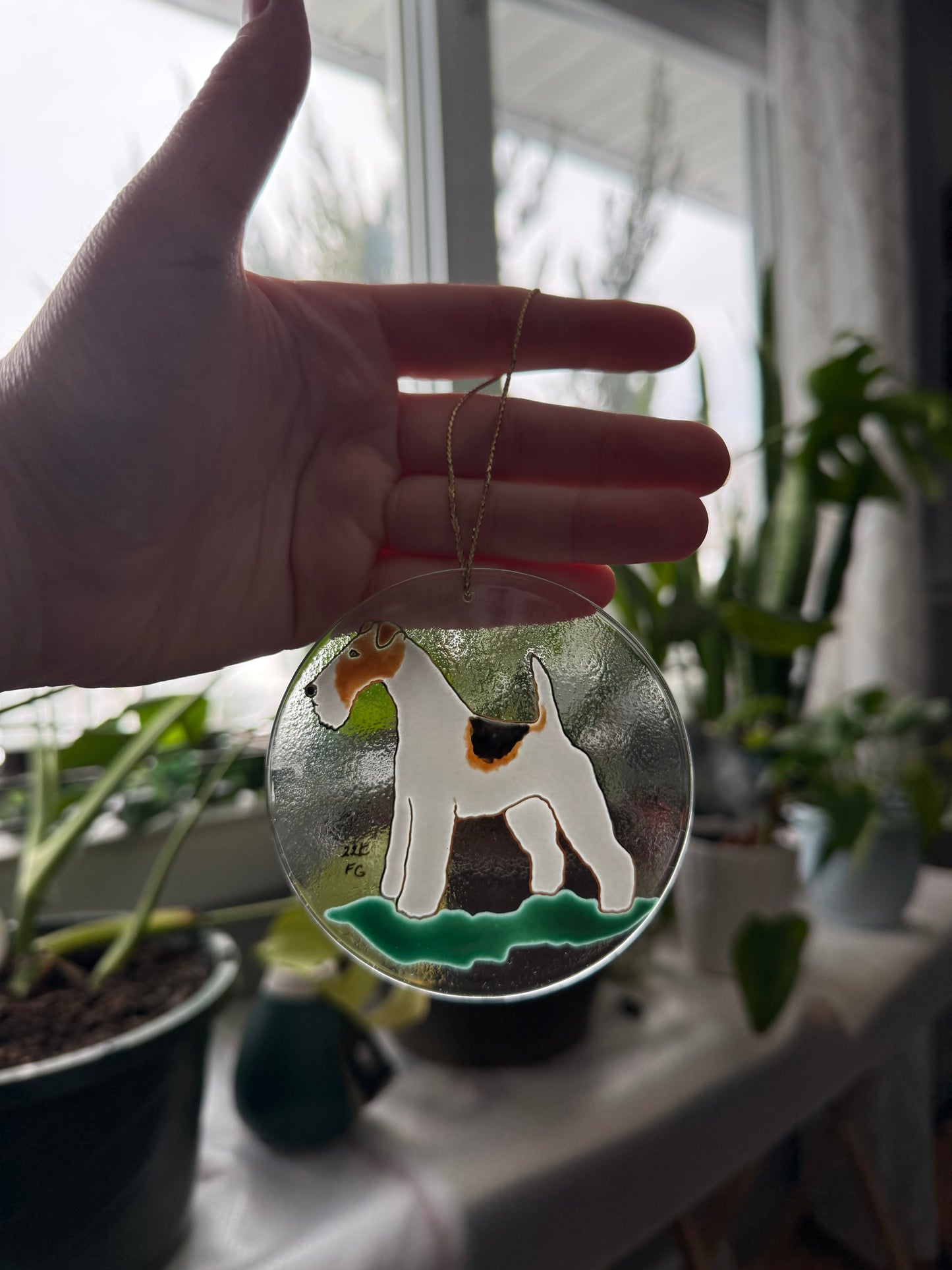 Wire Fox Terrier Dog Sun Catcher Ornament Hand Painted with 22k Gold