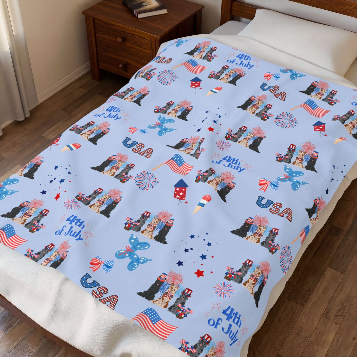 Mudi Dog 4th of July Velveteen Plush Blanket. Holiday Blanket. USA