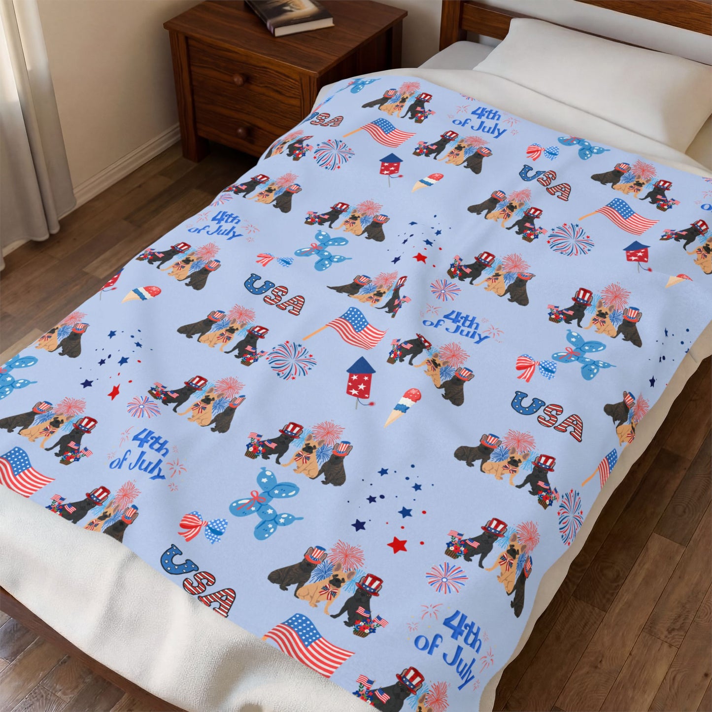 French Bulldog Dog 4th of July Velveteen Plush Blanket. Holiday Blanket. USA