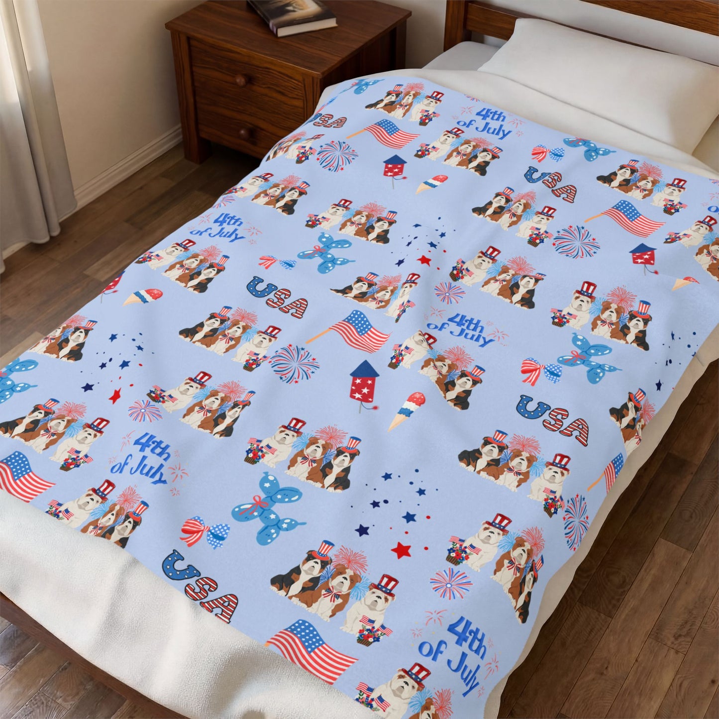Bulldog Dog 4th of July Velveteen Plush Blanket. Holiday Blanket. USA