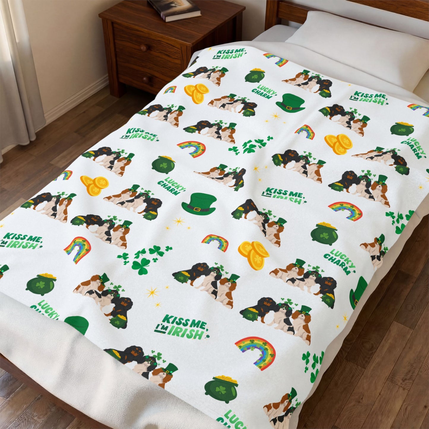 Cavalier Kings Charles Spaniel Dog St Patrick’s Day Velveteen Plush Blanket
