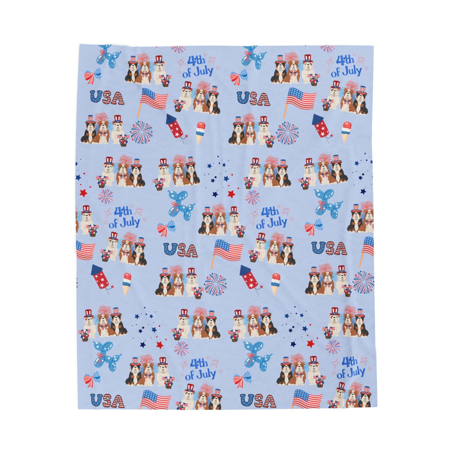 Bulldog Dog 4th of July Velveteen Plush Blanket. Holiday Blanket. USA