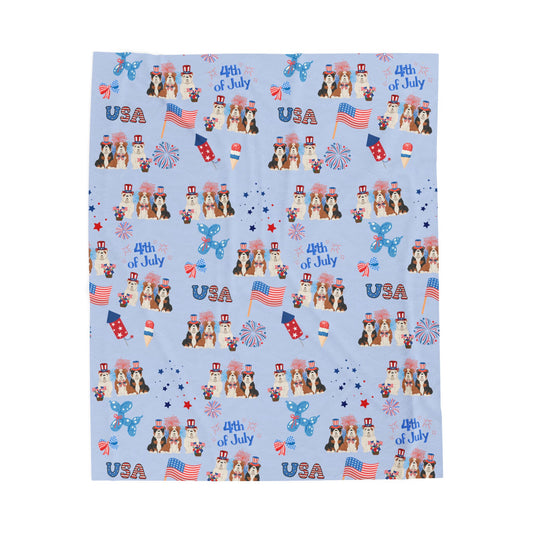Bulldog Dog 4th of July Velveteen Plush Blanket. Holiday Blanket. USA