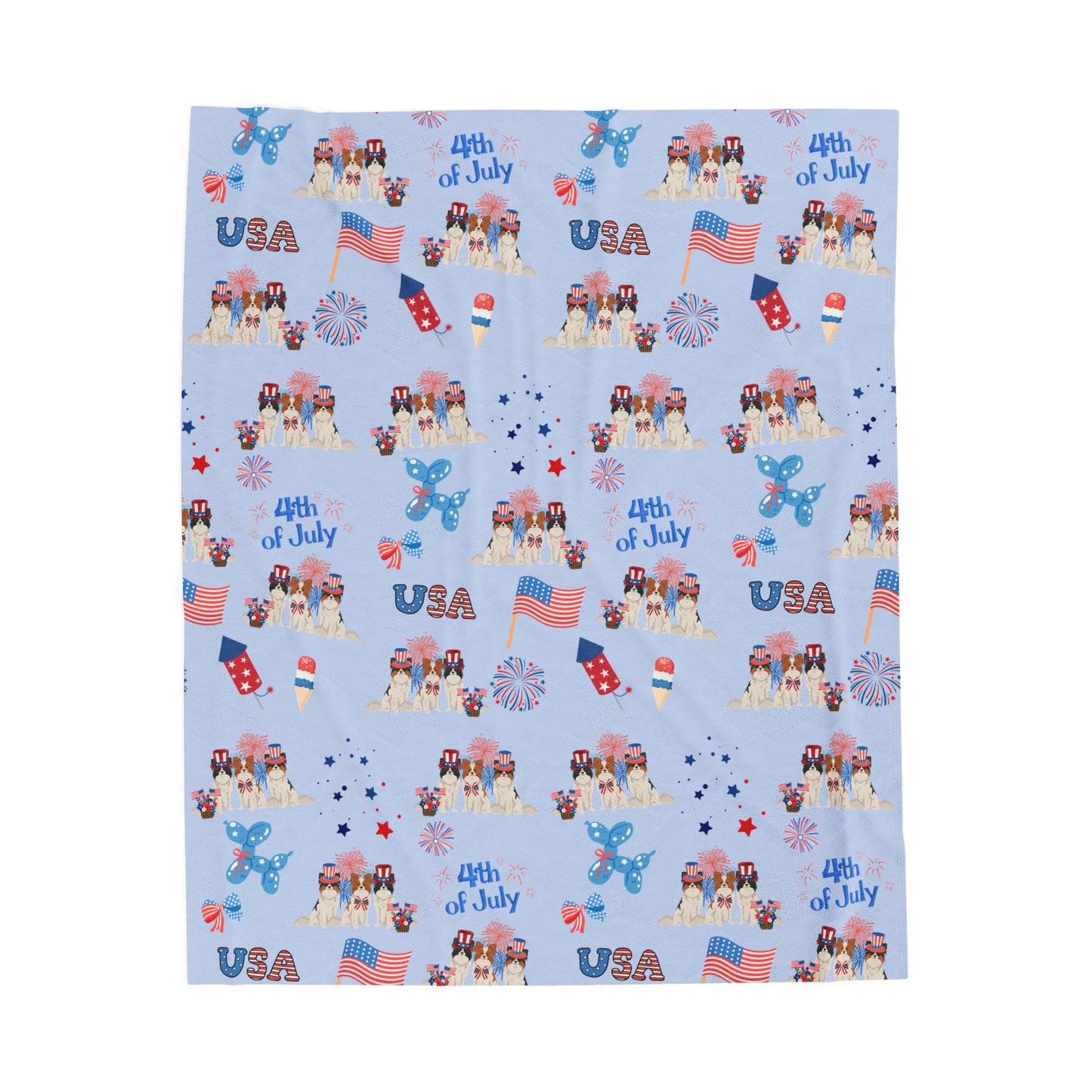 Papillon Dog 4th of July Velveteen Plush Blanket. Holiday Blanket. USA