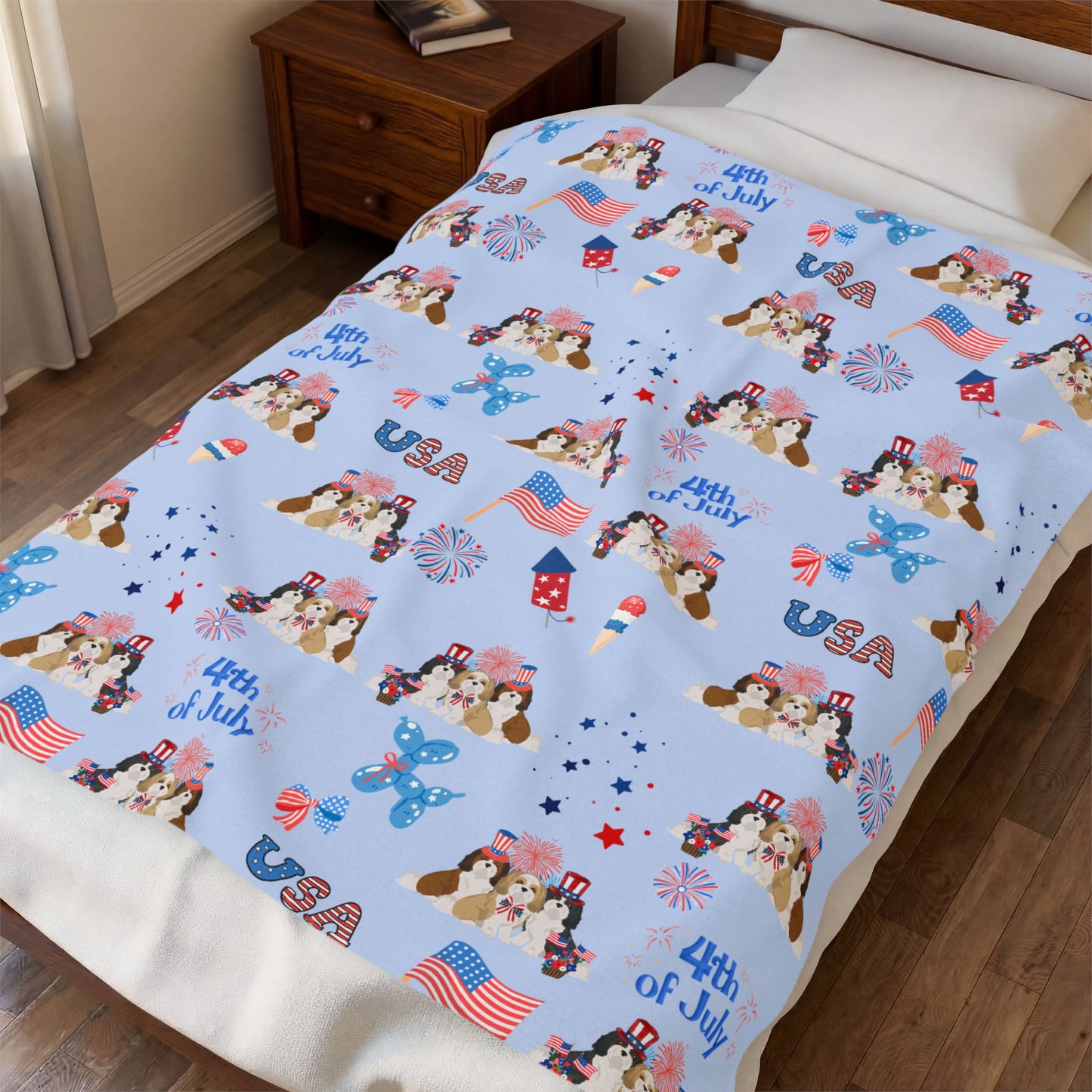 Shih Tzu Dog 4th of July Velveteen Plush Blanket. Holiday Blanket. USA