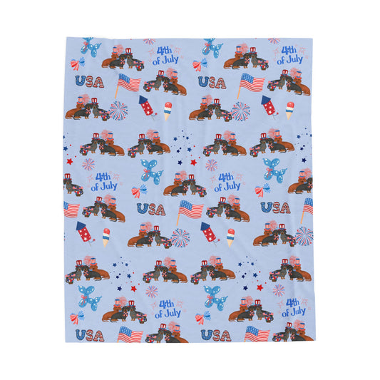 Dachshund Dog 4th of July Velveteen Plush Blanket. Holiday Blanket. USA