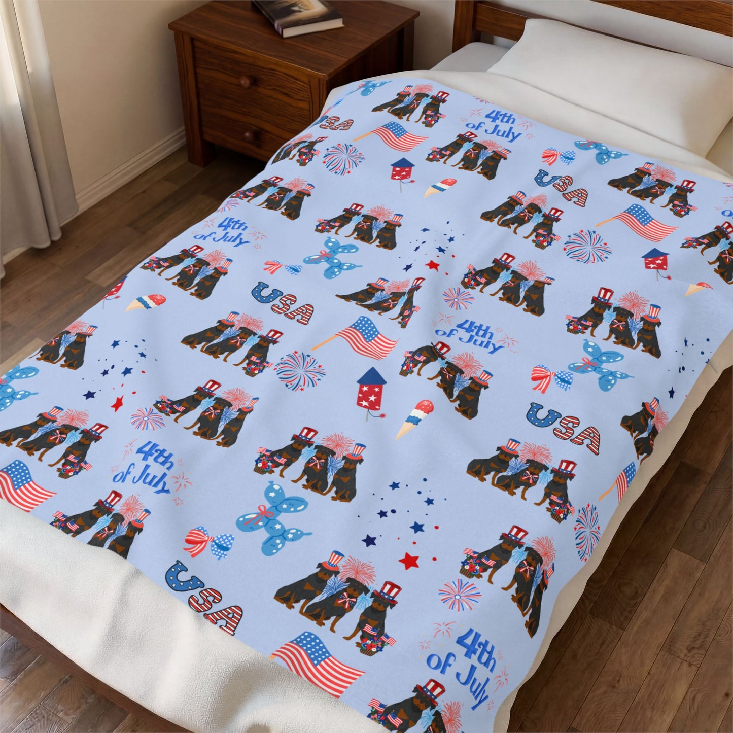 Rottweiler Dog 4th of July Velveteen Plush Blanket. Holiday Blanket. USA