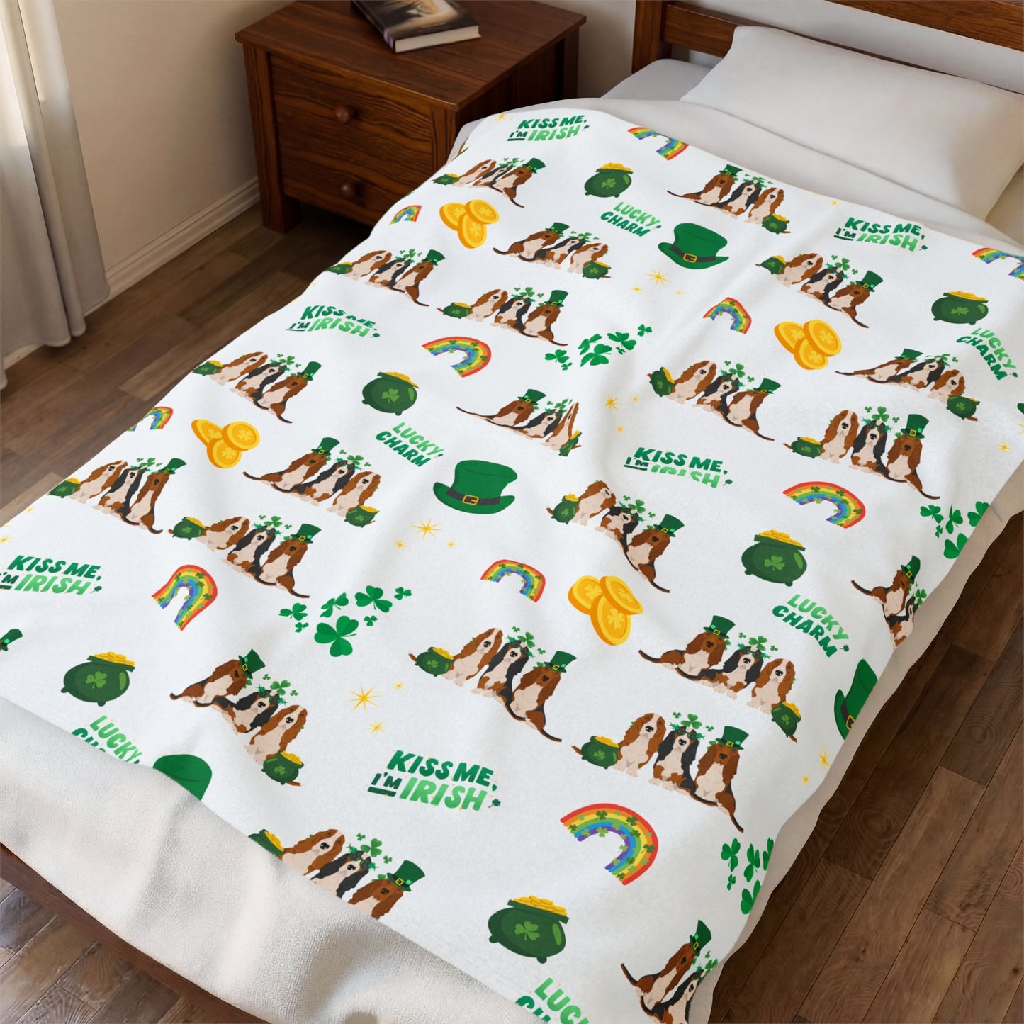 Basset Hound Dog St Patrick’s Day Velveteen Plush Blanket