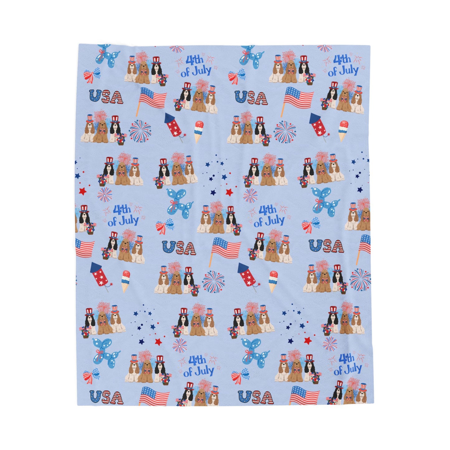 Cocker Spaniel Dog 4th of July Velveteen Plush Blanket. Holiday Blanket. USA
