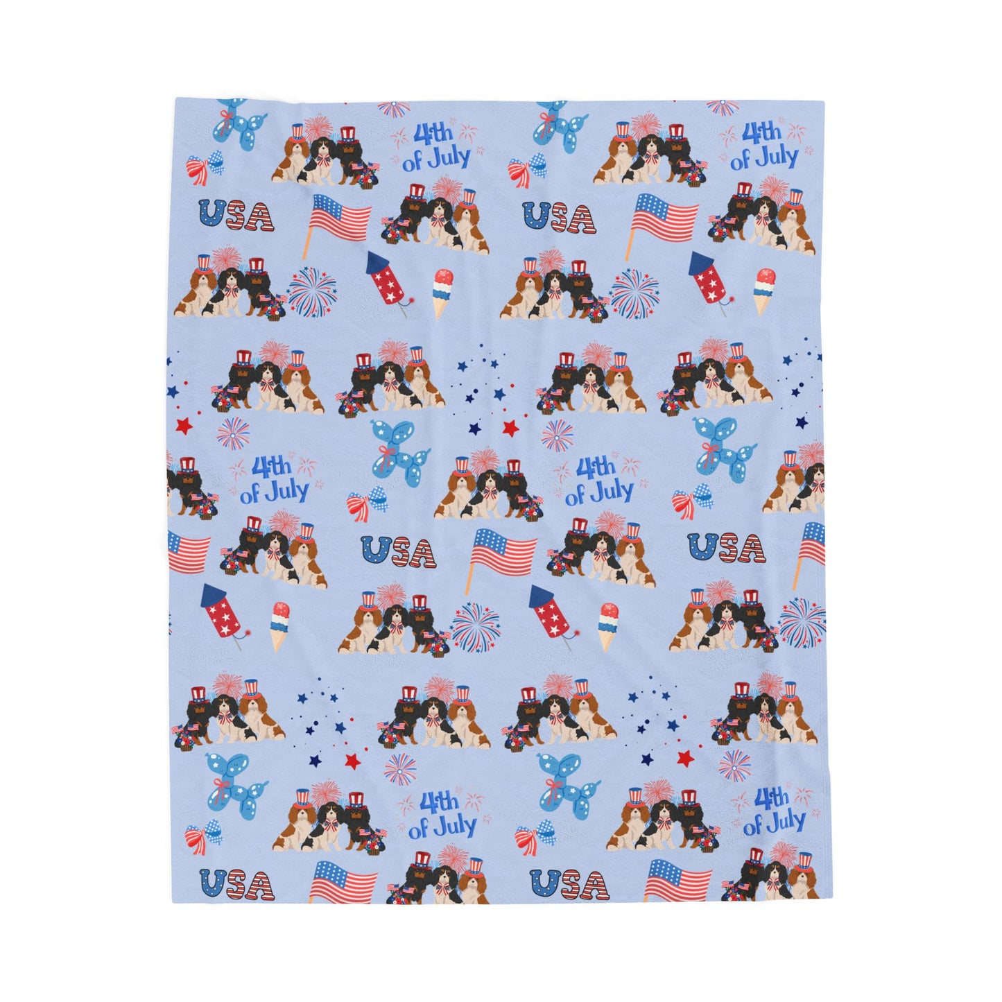 Cavalier King Charles Spaniel Dog 4th of July Velveteen Plush Blanket. Holiday Blanket. USA