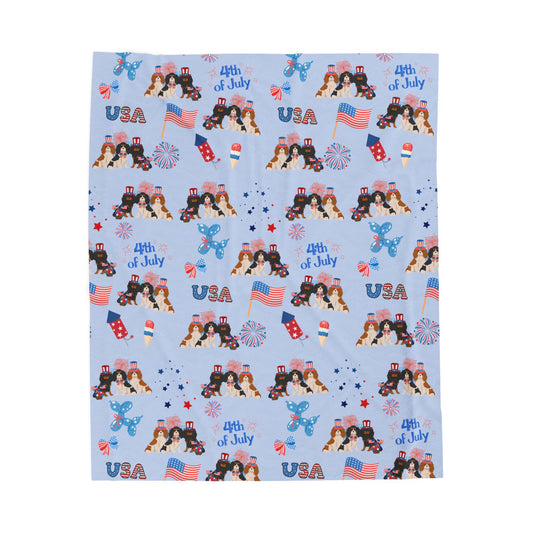 Cavalier King Charles Spaniel Dog 4th of July Velveteen Plush Blanket. Holiday Blanket. USA