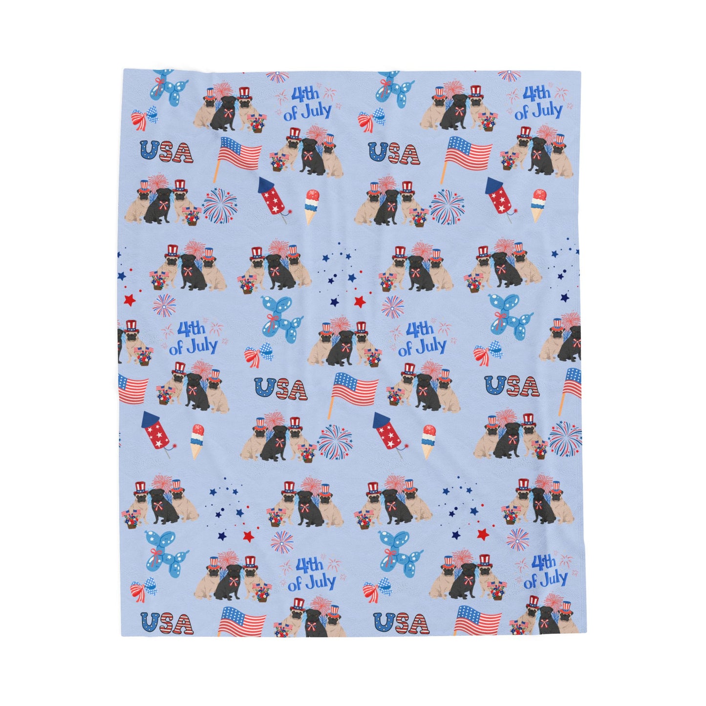 Pug Dog 4th of July Velveteen Plush Blanket. Holiday Blanket. USA