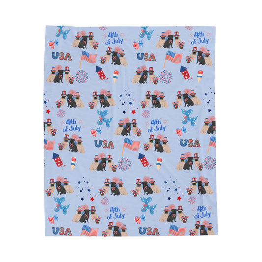 Pug Dog 4th of July Velveteen Plush Blanket. Holiday Blanket. USA