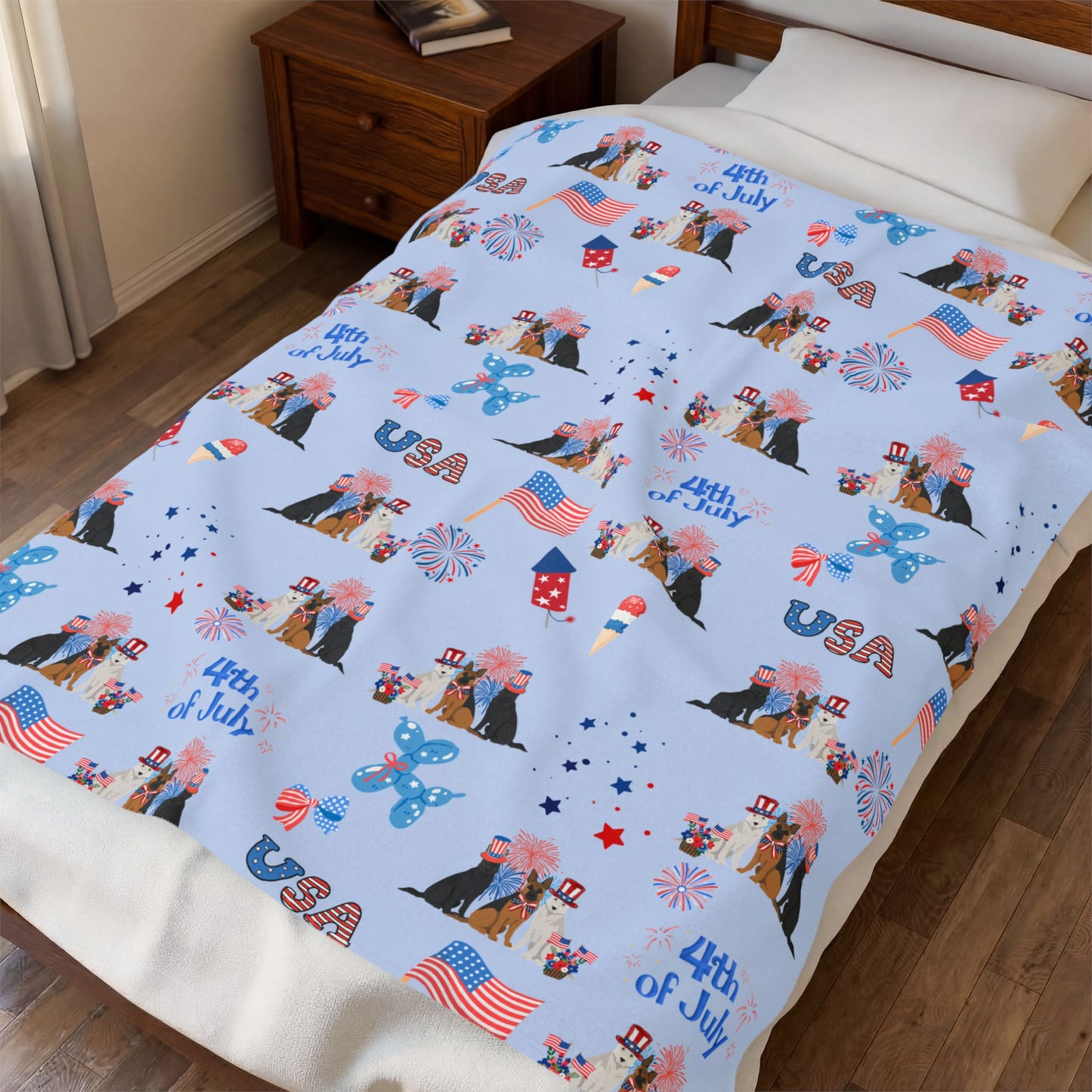 German Shepherd Dog 4th of July Velveteen Plush Blanket. Holiday Blanket. USA