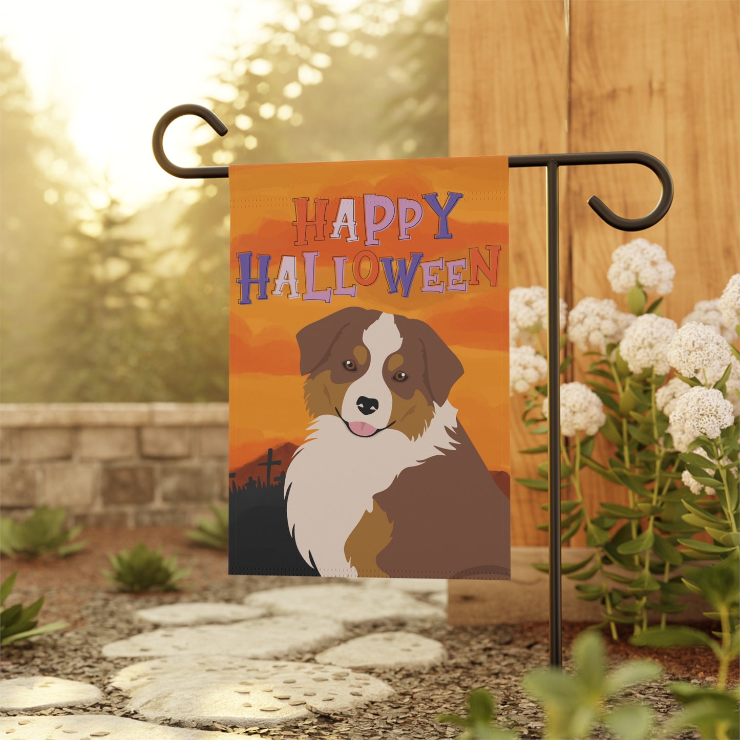Miniature American Shepherd Dog Halloween Garden Flag
