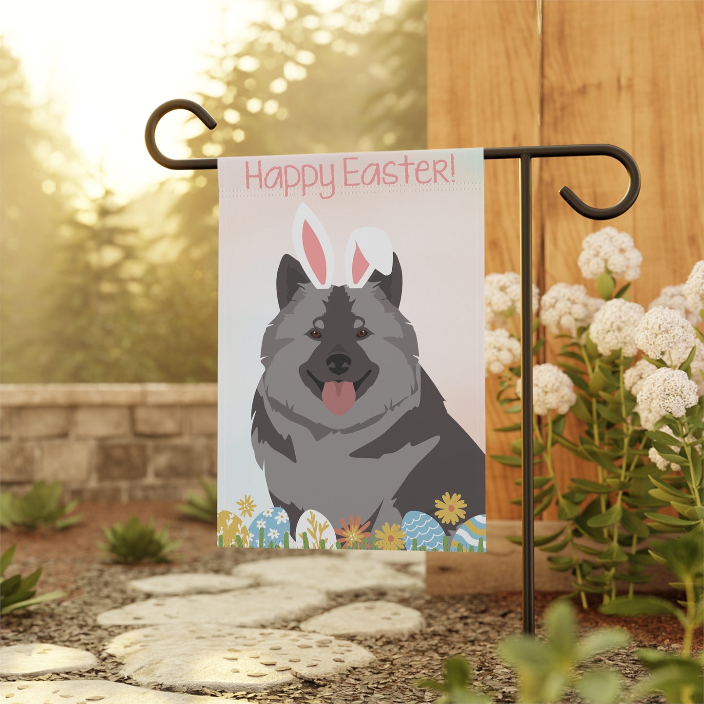 Keeshond Dog Happy Easter Garden Flag